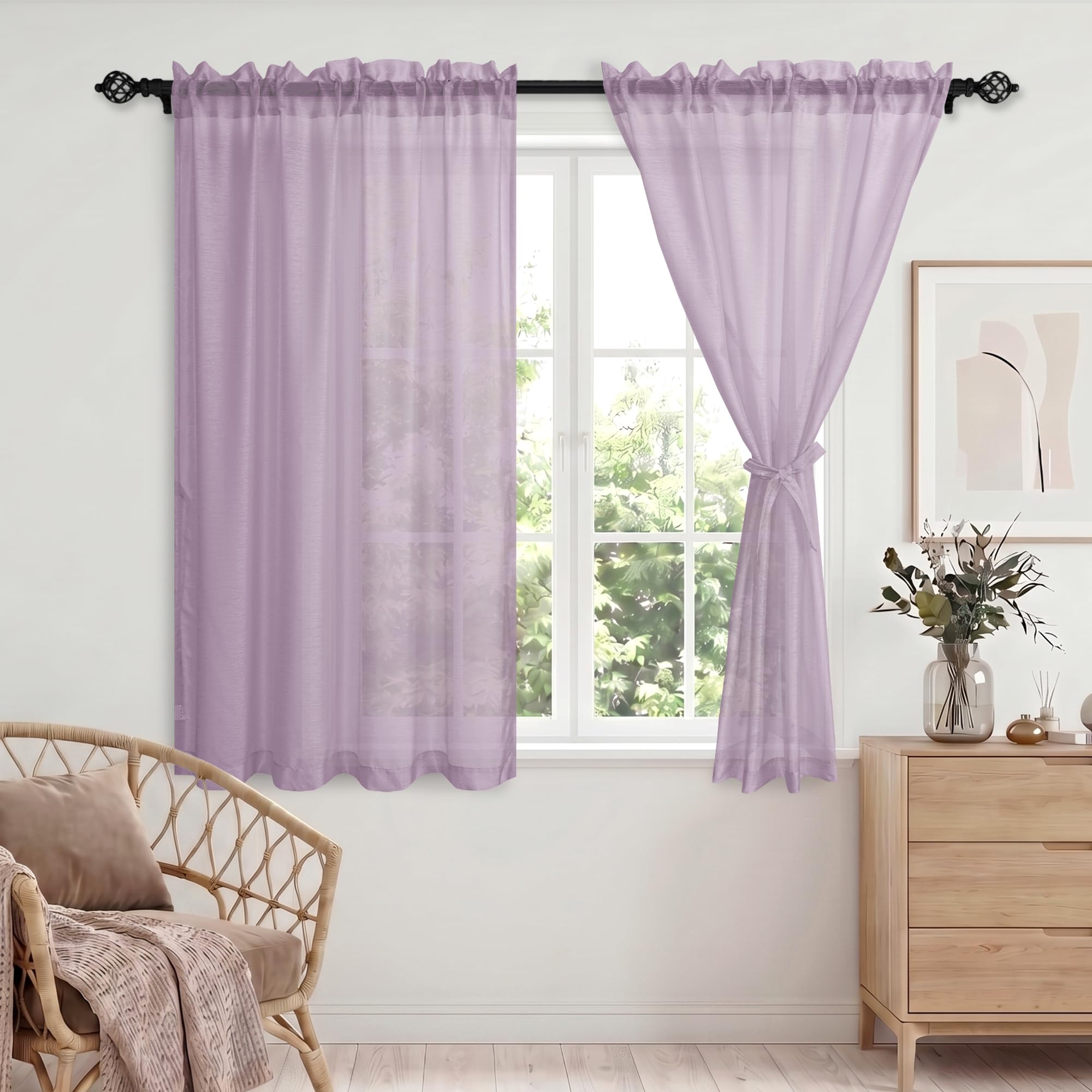 DWCN Purple Net Curtains for Windows 54 Drop Semi Transparent Voile Curtain with Tiebacks Rod Pocket Sheer Curtains Light Filtering Home Curtain for Living Room Bedroom Kitchen,W46xL54 Inch,2 Panels