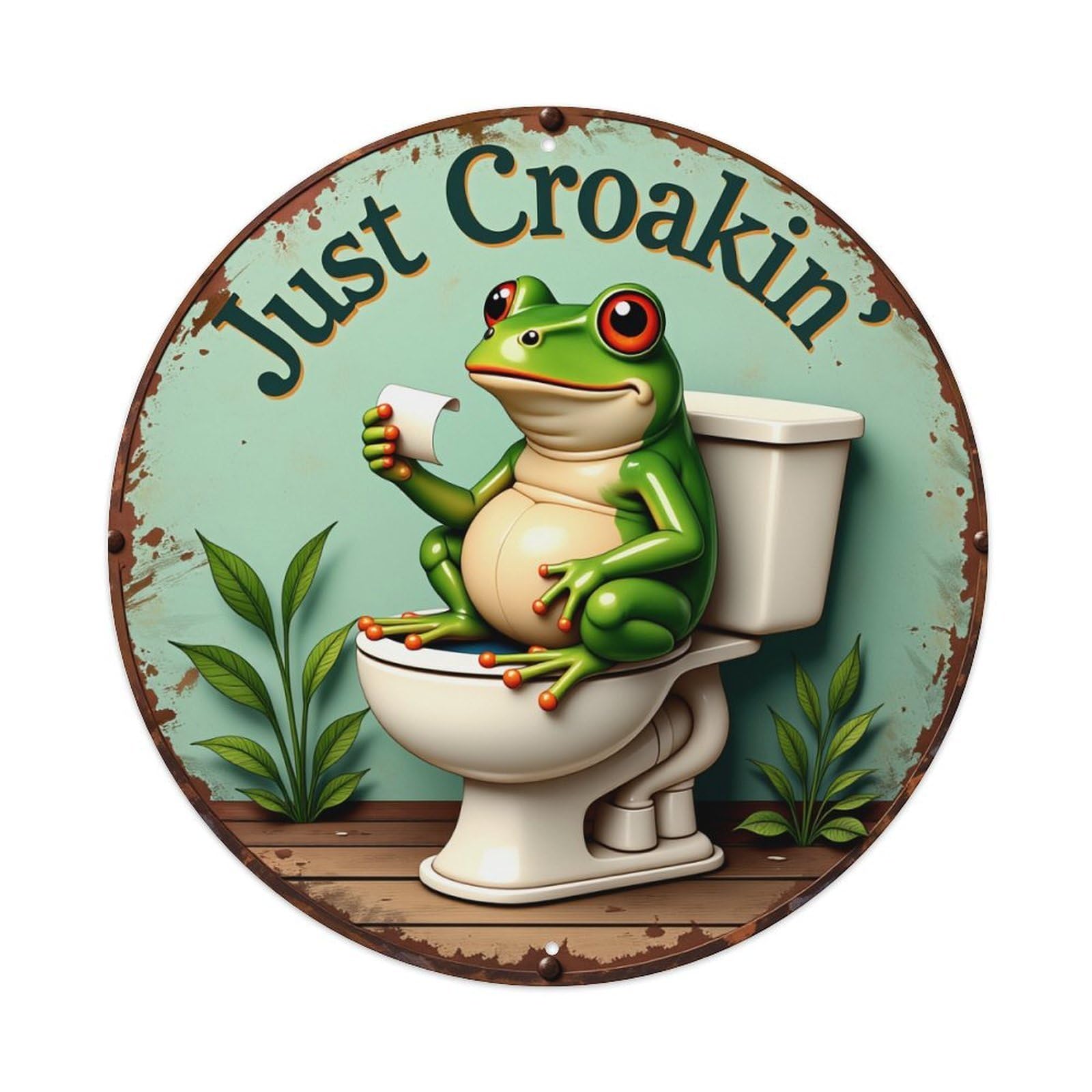 Frog On Toilet With Paper Round Tin Sign Vintage Metal Sign Home Bar Garden Indoor & Outdoor Wall Decor Retro Metal Poster 8x8 Inch