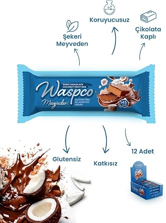 Waspco Bitter Çikolata Kaplı Hindistan Cevizli Meyve Bar 35g x 12 Adet