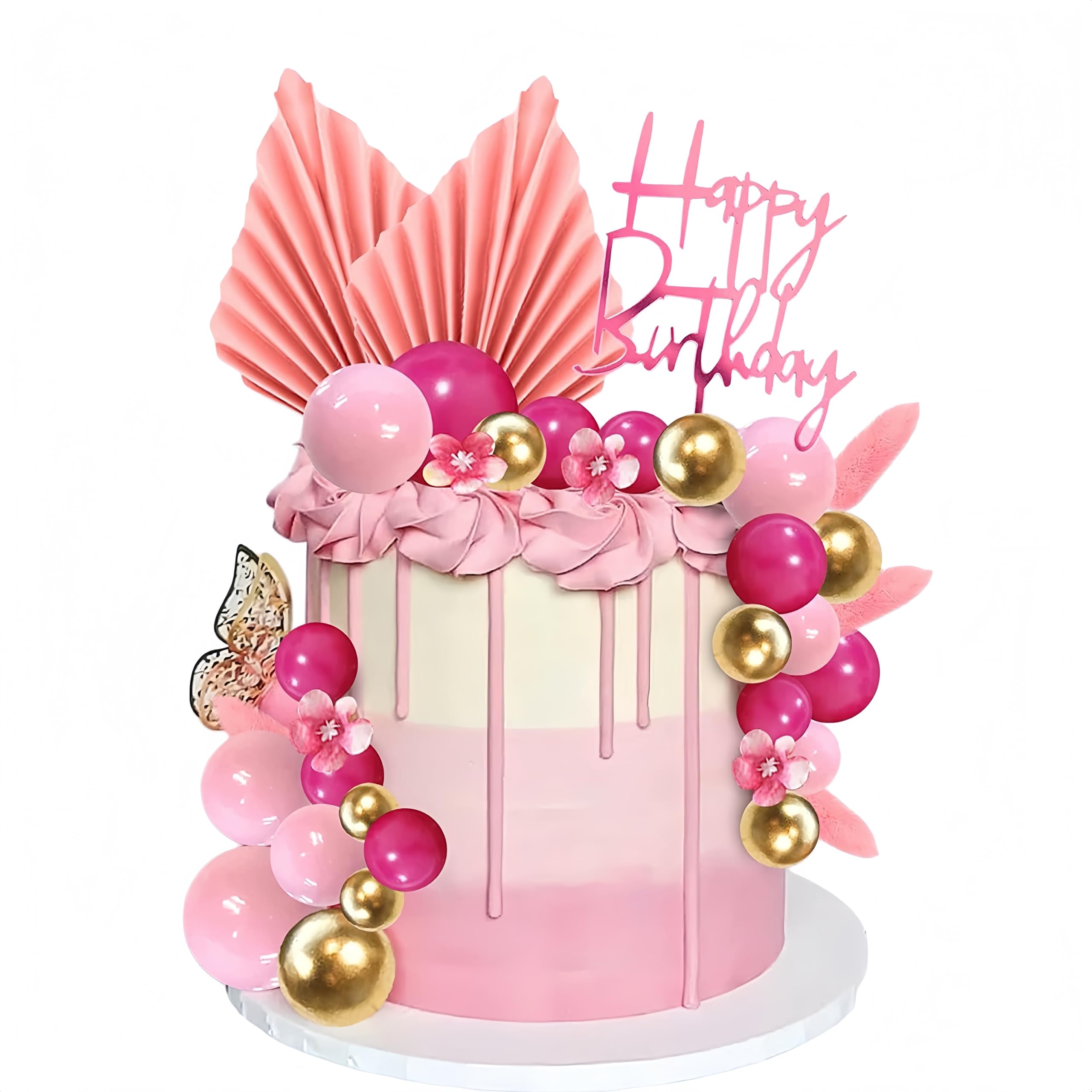 Pink Balls Cake Decorations Shower Cake decorations Leaves Palm Leaves Cake Decoration Boho Cake Decoration for Wedding Birthday Wedding Bachelorette Party Pink Cake Decor cake balls decoration
