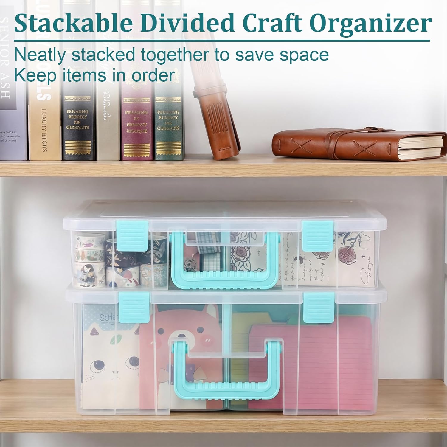 BTSKY Clear Plastic Dividing Storage Box with 8 Deep Compartments Adjustable Storage Bin with Lid Portable Craft Storage Container Multipurpose Sewing Box Art Supply Organizer, 15.1x13.9x6.1 Inches