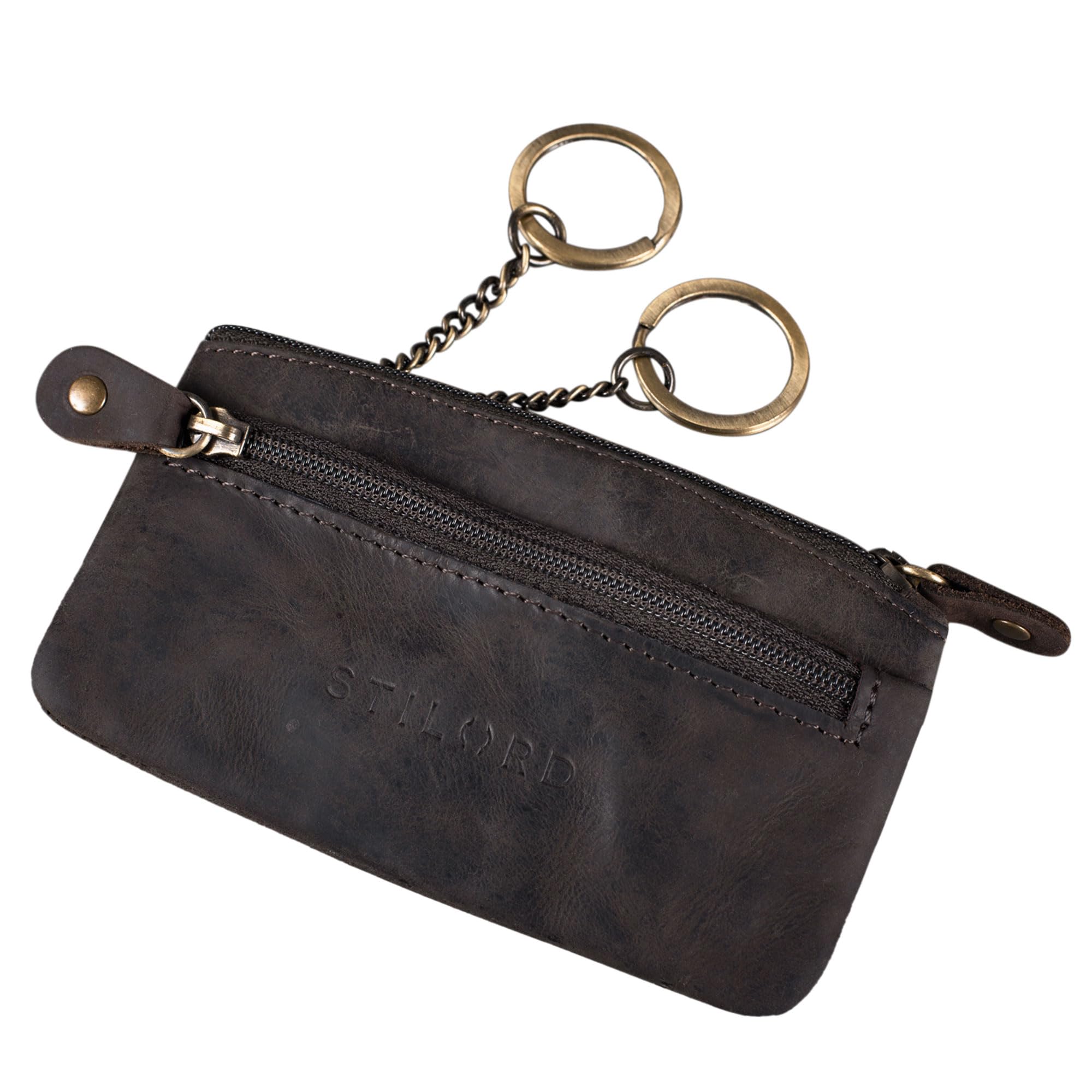 STILORD “Theo” Astuccio Portachiavi in Pelle Portamonete con Anelli per Chiavi Mini Portafoglio Piccolo con Cerniera Uomo Donna anti RFID Colore:marrone scuro