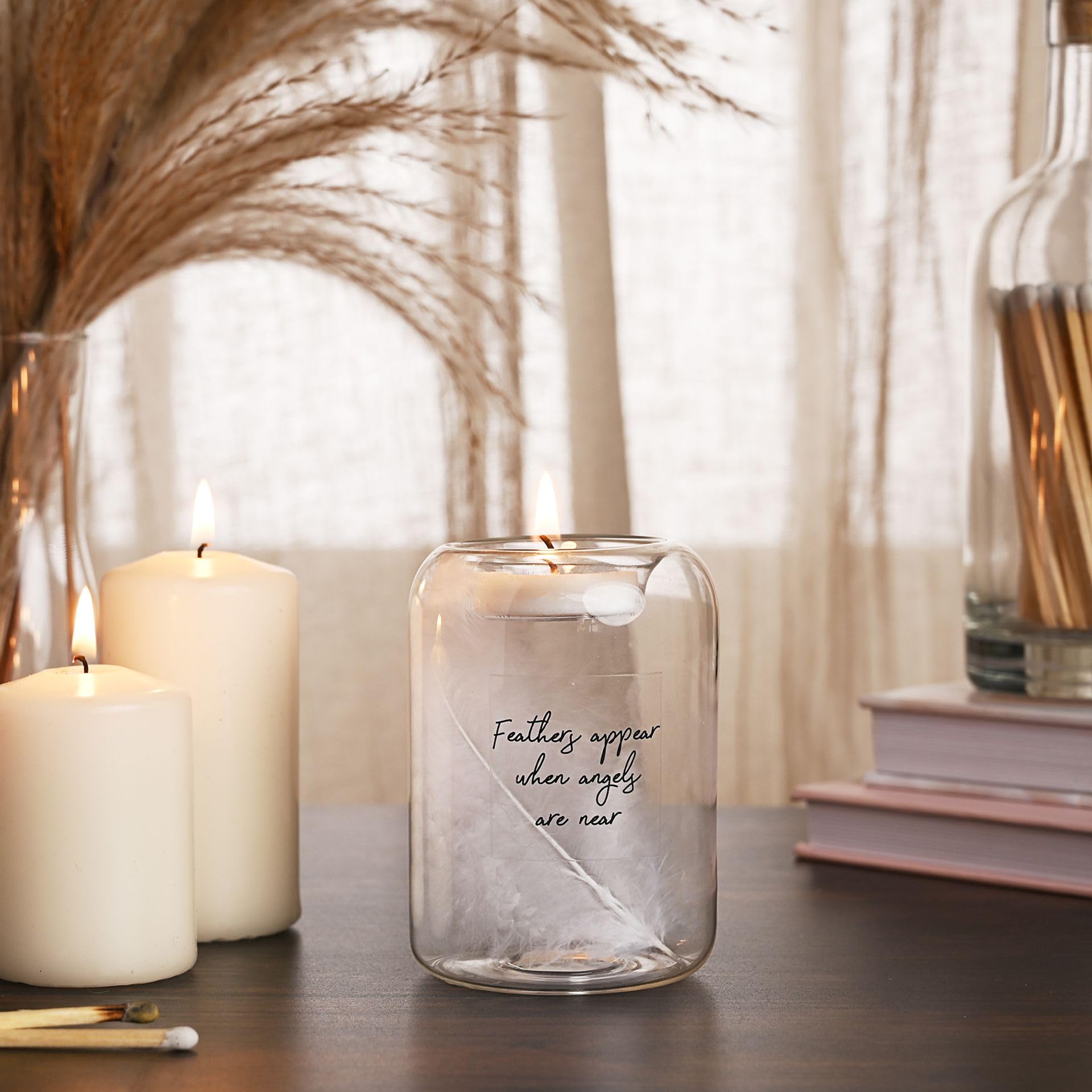 Widdop Thoughts of You Glass Tea Light Holder With Feather Inside, Feathers - Image 2
