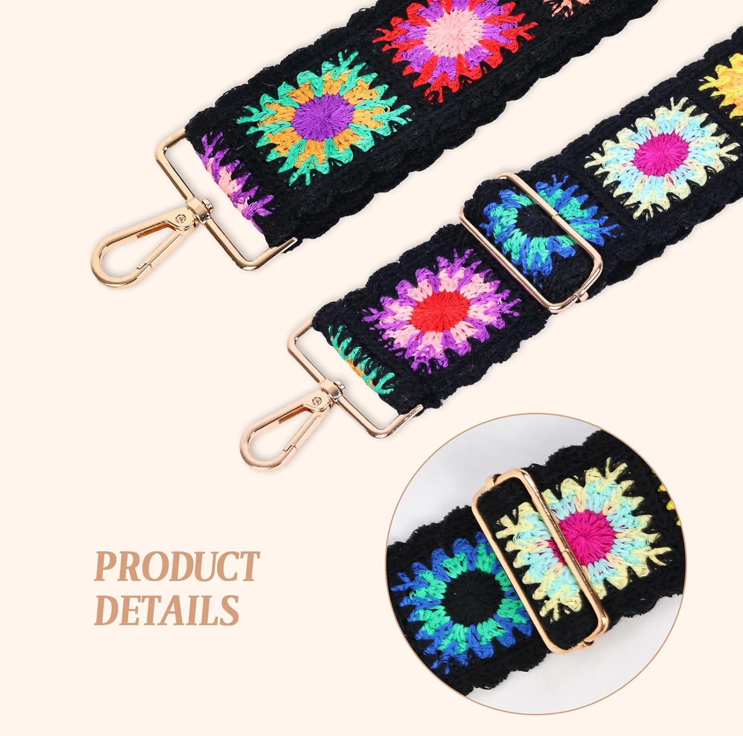 Embroidery Flower Purse Strap Replacement Adjustable 2in Wide Crossbody Shoulder Strap for Handbags Women Crochet Bag Strap - Image 4