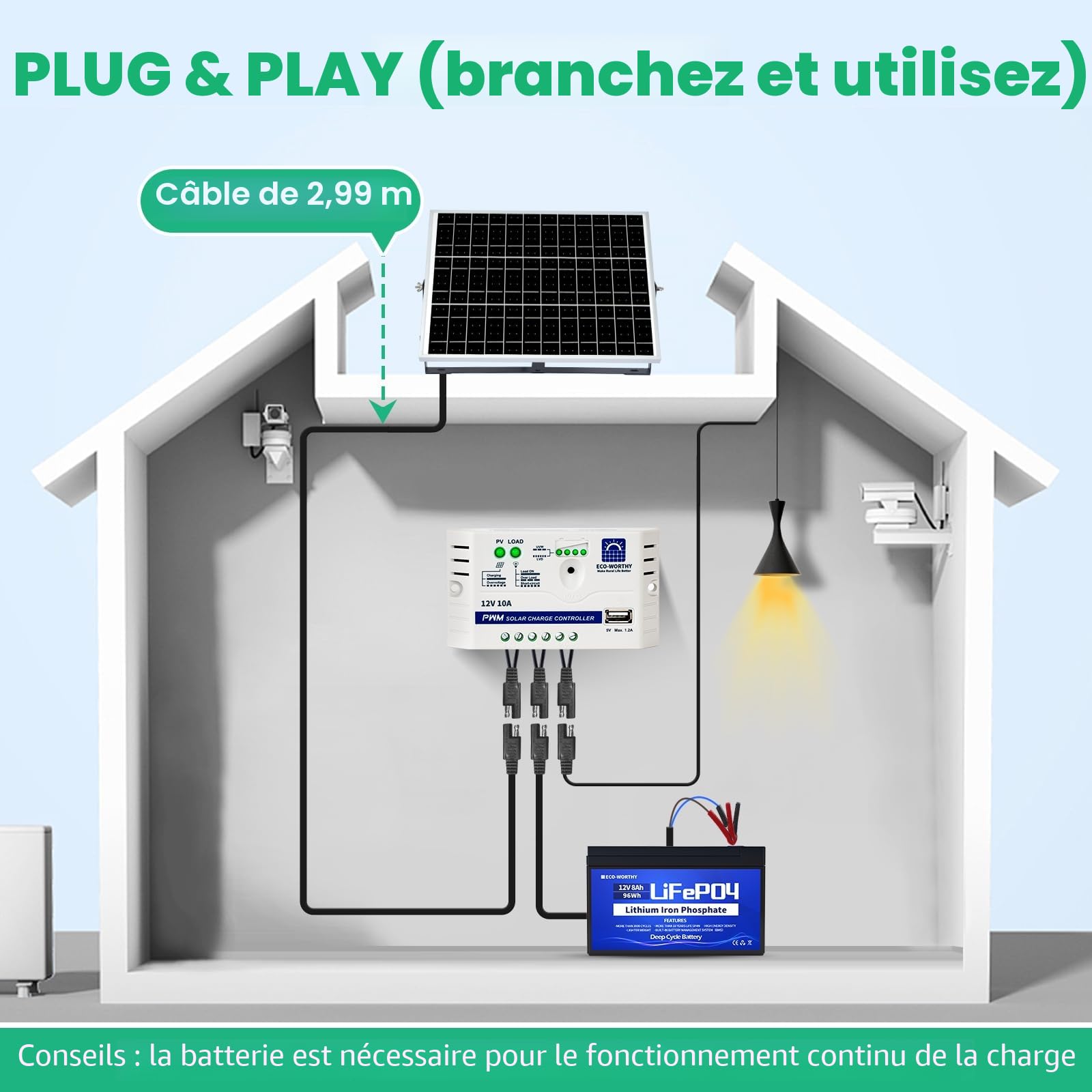 ECO-WORTHY Kit Panneau Solaire avec Batterie 25W 12V : Panneau Solaire 25W + Batterie Lithium 8Ah + Contrôleur 10A pour Système Hors Réseau/Poulailler/Porte Automatique/Pompe à l'Eau/Appareil DC