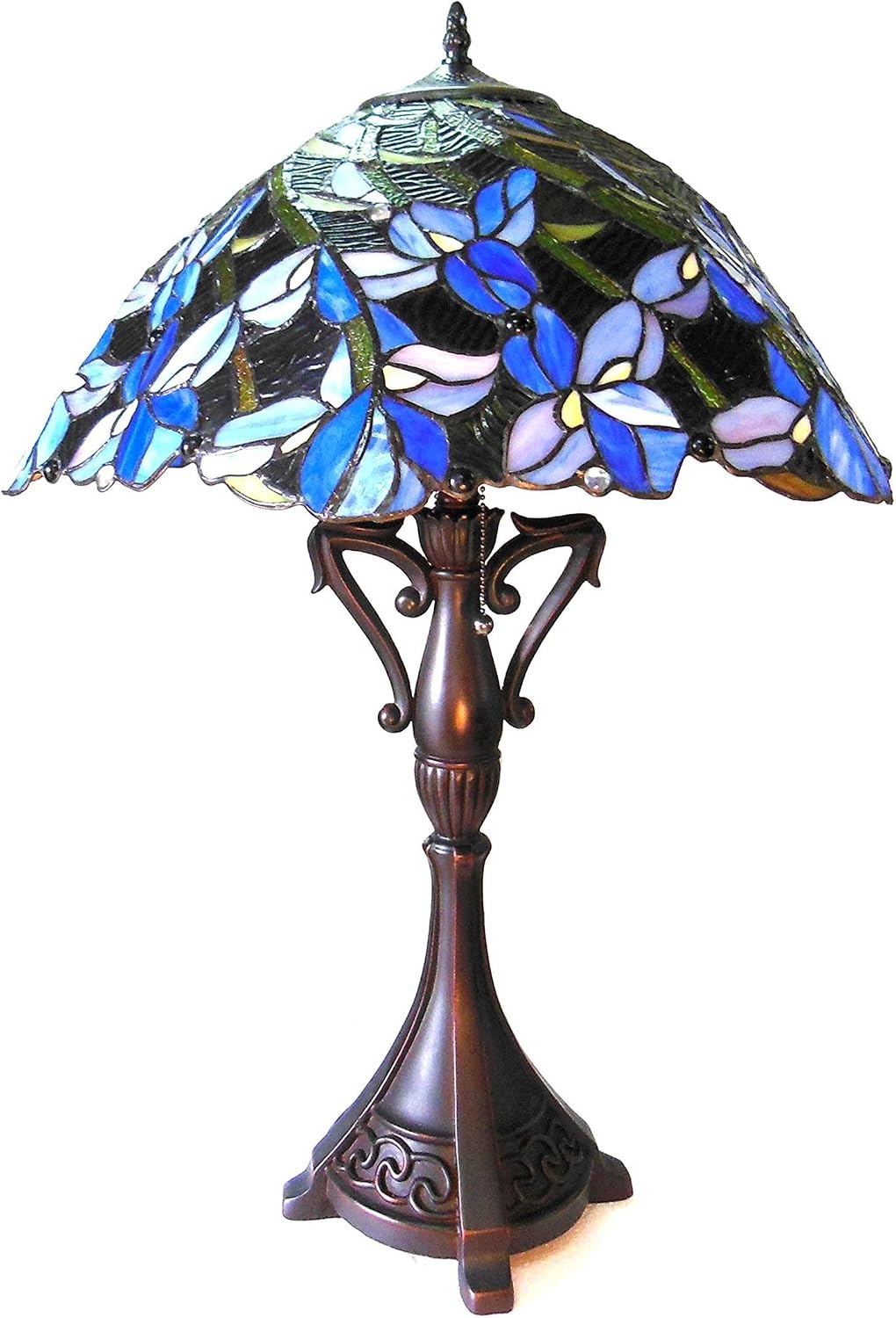Pemberly Row Modern Tiffany-Style 2-Light Table Lamp, 19" Shade, Glass and Metal, Dark Antique Bronze Finish, Floral Design, Pull Chain, Indoor Use, 26" H x 19" W, Stained Glass Decoration