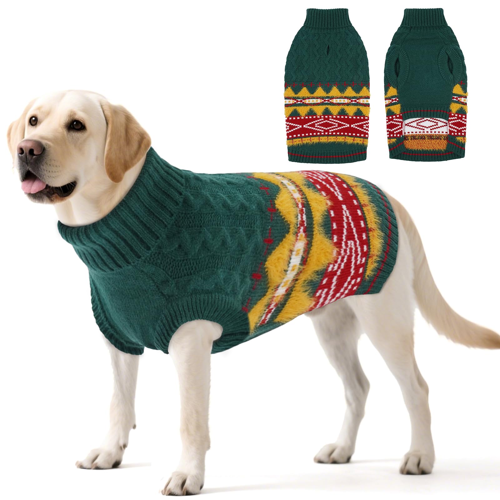 Hjumarayan Fair Isle Dog Jumper - Winter Knit Sweater with Harness Hole Stretchy Easy On/Off Christmas Jumper for Small Medium Dogs(2–54LB), Warm French Bulldog Clothes Green XL