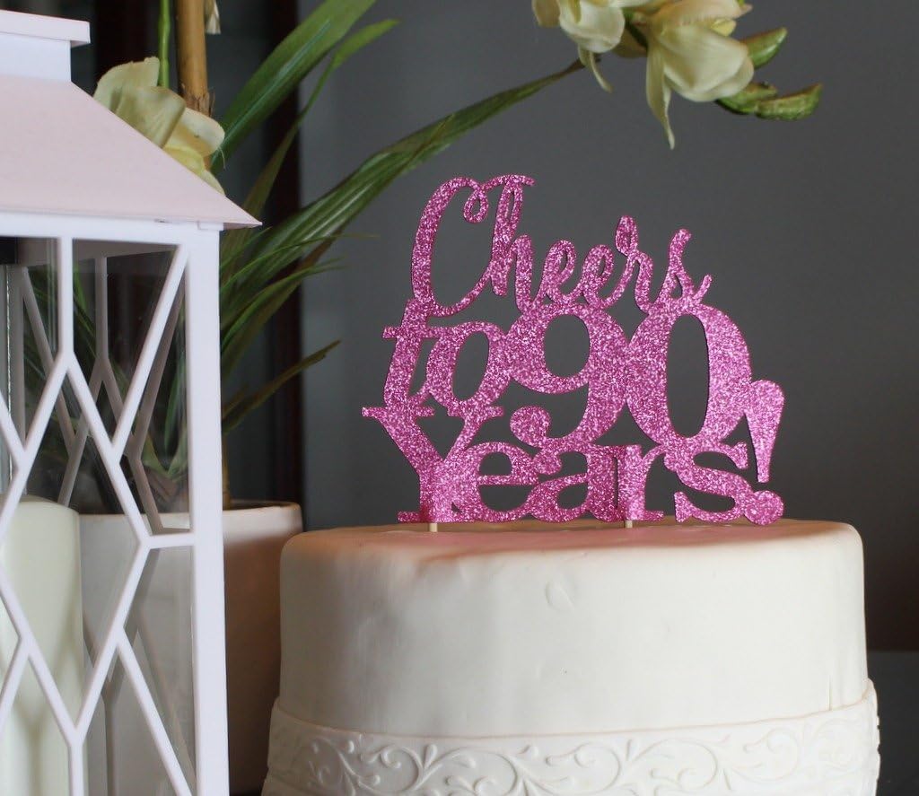 All About Details Cheers to 90 Years! Cake Topper, 1pc, Birthday, Anniversary, Party Decor, Glitter Topper (Pink)