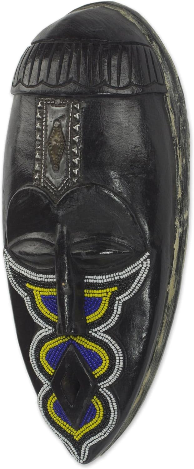 NOVICA Artisan Handcrafted African Wood Mask Ghanaian with Recycled Glass Beads Black Blue Yellow White Masks [13.5in H x 6in W x 3.3in D] ' Fakye'
