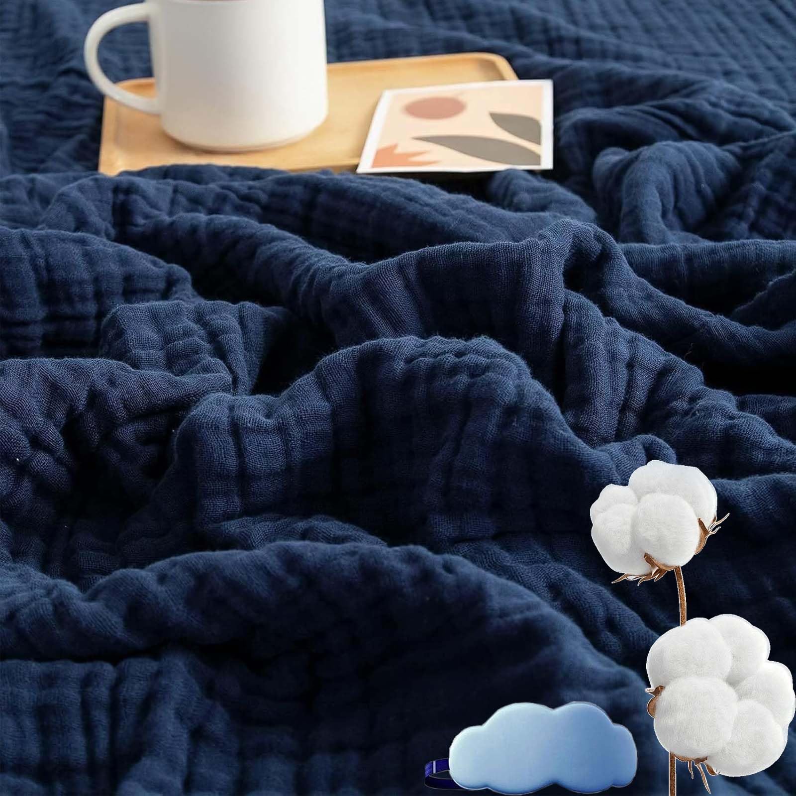 Musselin Decke 150 X 200, Musselin Decke Erwachsene Sommer, Montivo Sanfte Musselindecke, Aus 100% Natur Baumwolle, Leicht Atmungsaktiv KüHldecken Zum Schlafen Baby (Dunkelblau, Queen(150x200cm))
