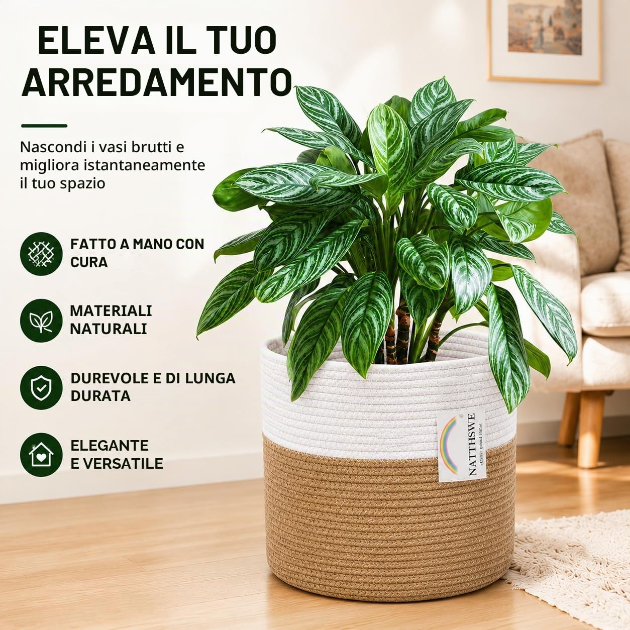 Cesto per Piante Corda di Cesto cotone intrecciata Decorazione vaso di fiori da interno portabiancheria pieghevole Cesto portaoggetti per uso domestico