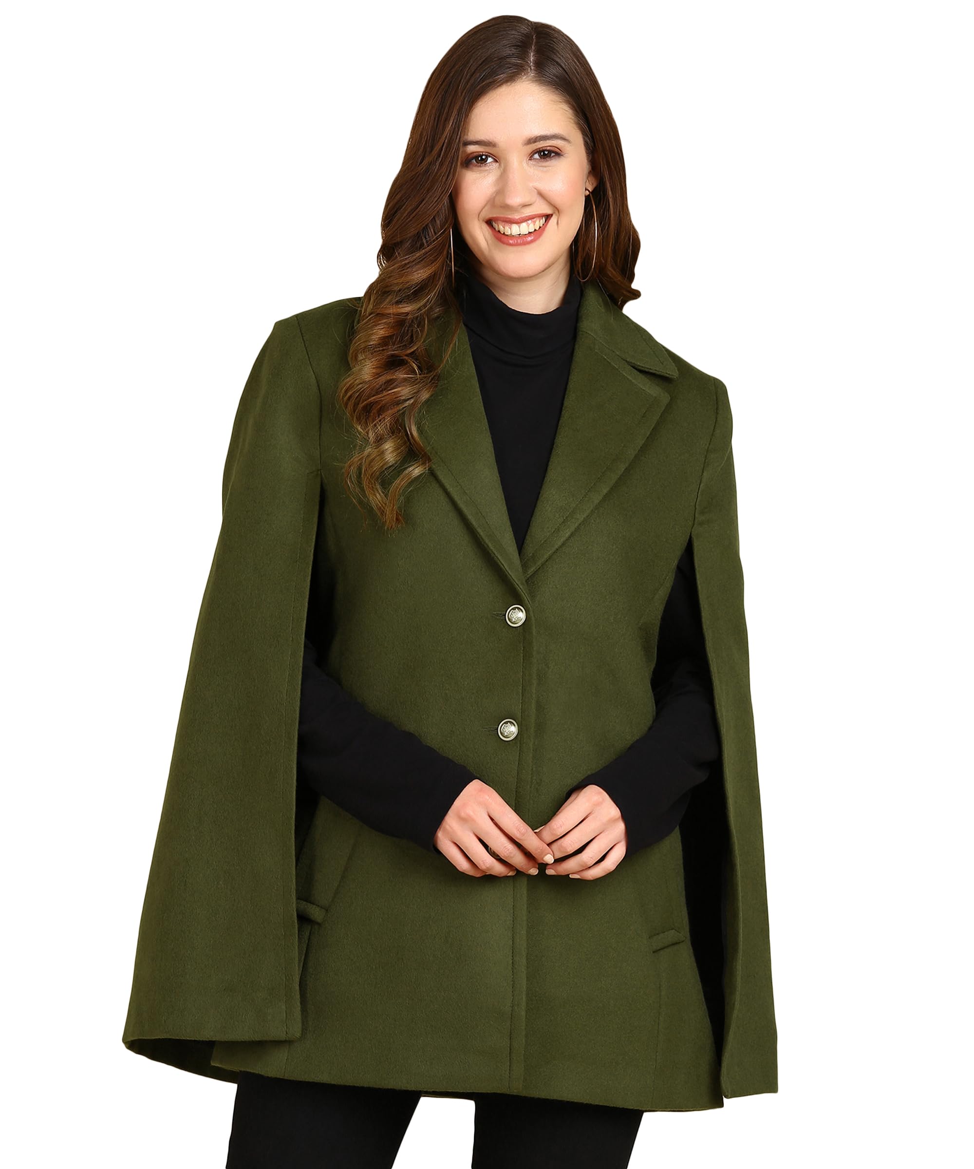 essentiele Women's Cape Coat with Button Closure, Army Green, Formal Winter Outerwear-picture-48
