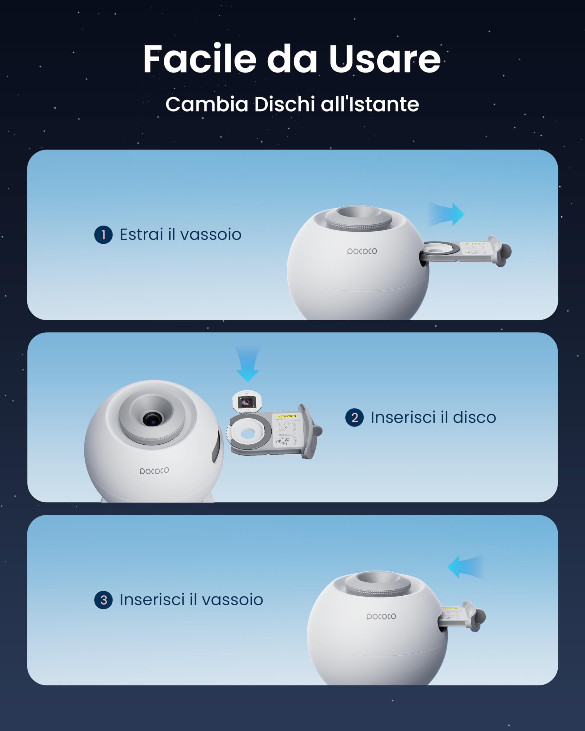 POCOCO Proiettore Stelle, Hd Star Projector Ricaricabile, 5K HD Dischi | Galassia Realistica,Autonomia 6h,Timer,2 Dischi Sostituibili.Decorazione Della Camera, Studio E Relax, Per Adulti E Bambini