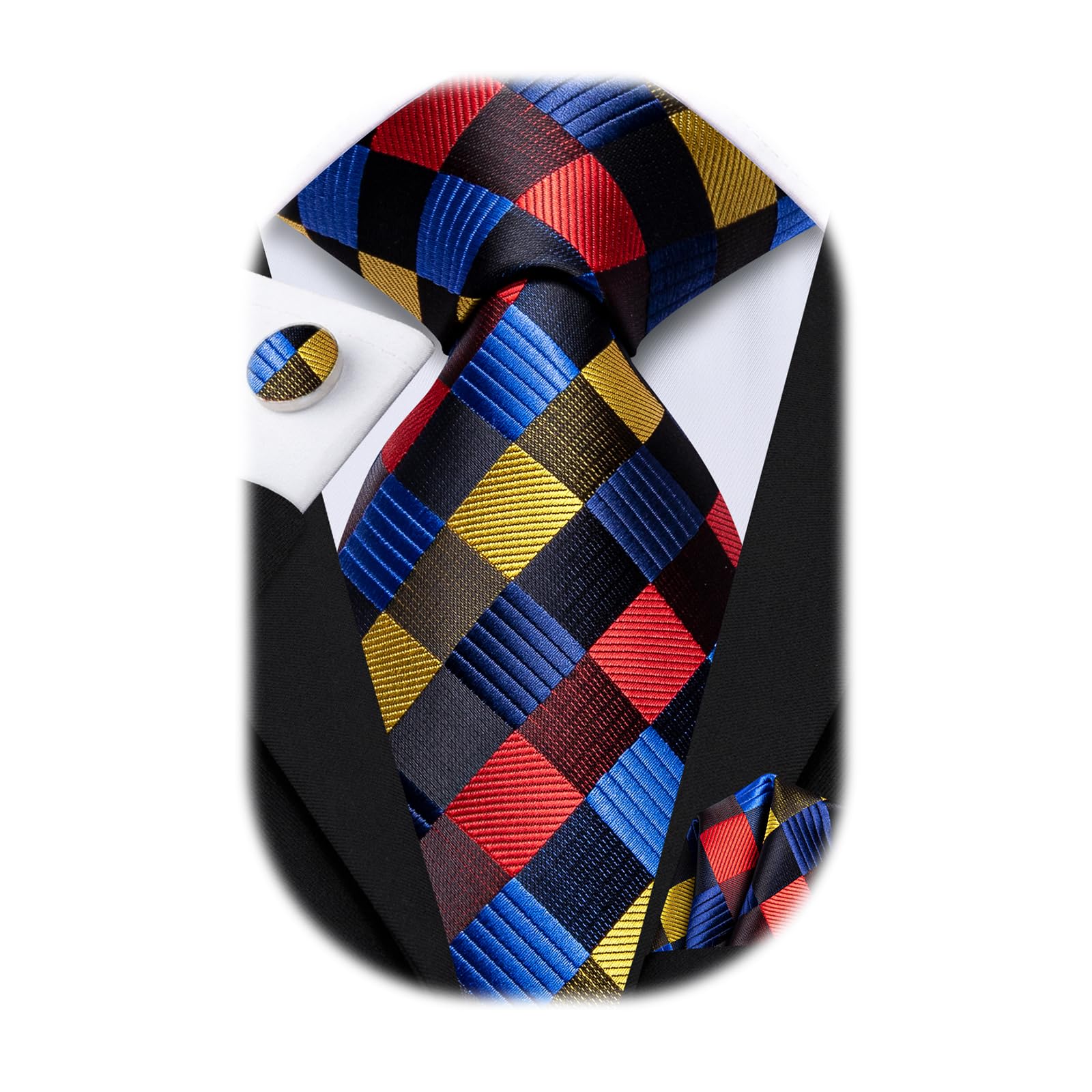 Hi-Tie Mens Plaid Ties Classic Paisley Necktie with Handkerchief Cufflinks Set Business Stripe Tie