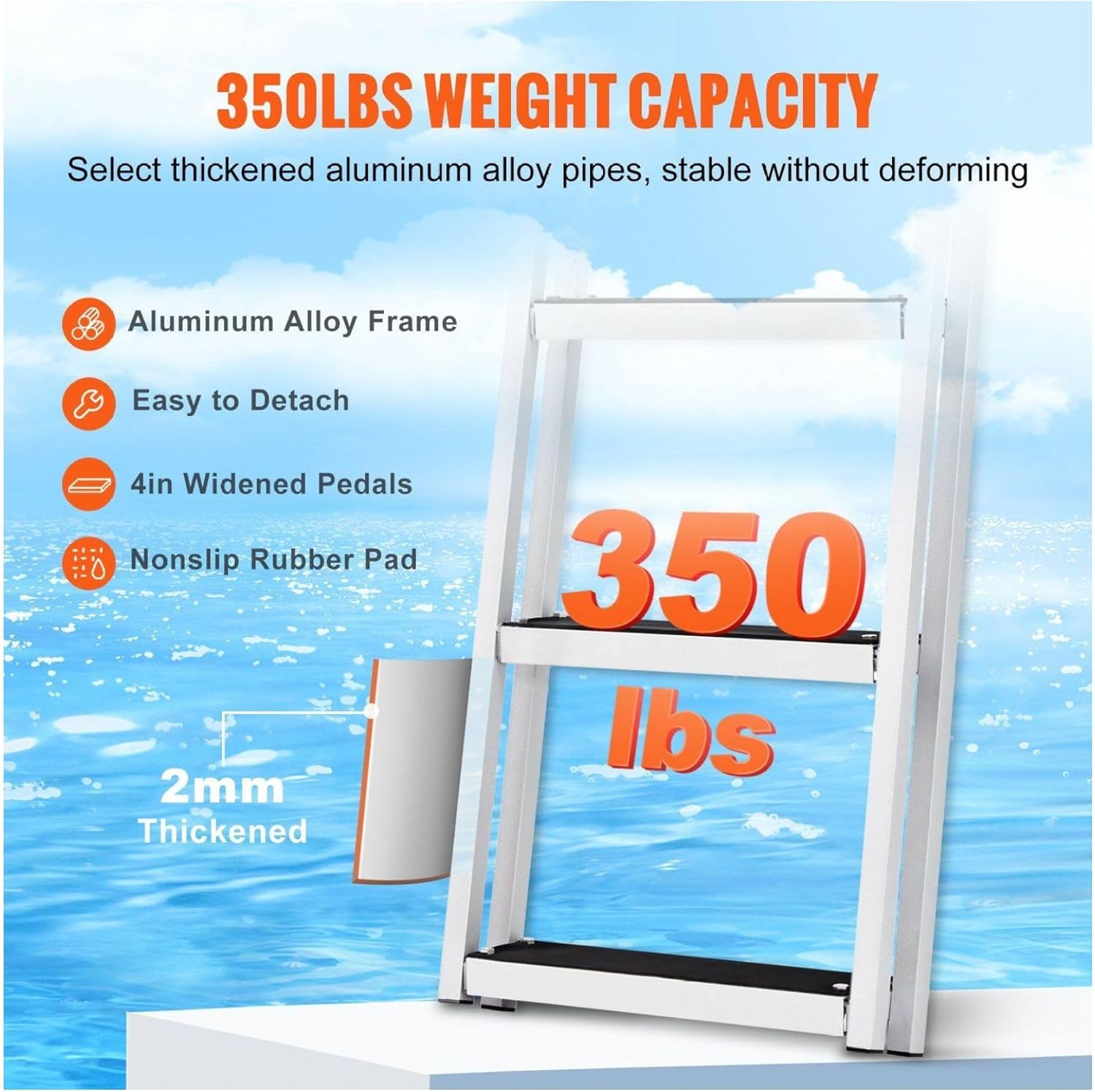 Dock Ladder 5-Step, Aluminum Boat Ladder 350lbs - Pontoon, Ship, Lake, Pool Boarding - Flip-Up Marine Ladder with Wide Steps & Non-Slip Mat