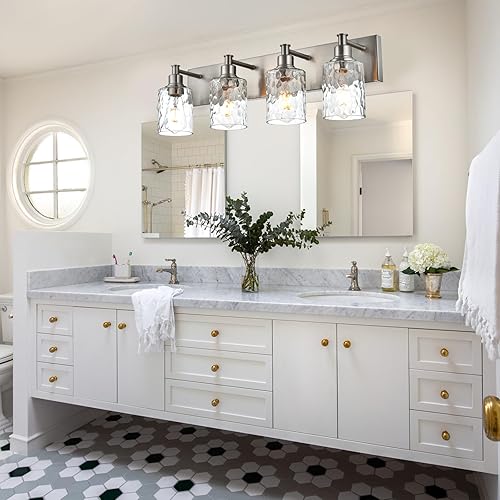 Miniatura 2 de BONLICHT Lámpara de tocador de baño de 4 luces de níquel cepillado industrial con pantalla de vidrio martillado para sala de estar, dormitorio,