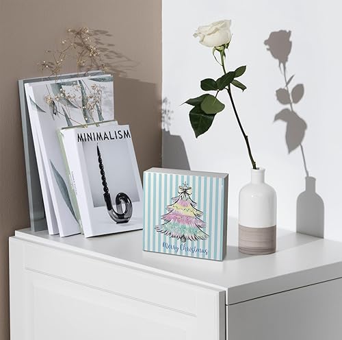 Miniatura 4 de kunlisa Cartel de madera pastel para árbol de Navidad, decoración de mesa de Navidad, árbol de Navidad coqueta, letrero de madera a rayas azules