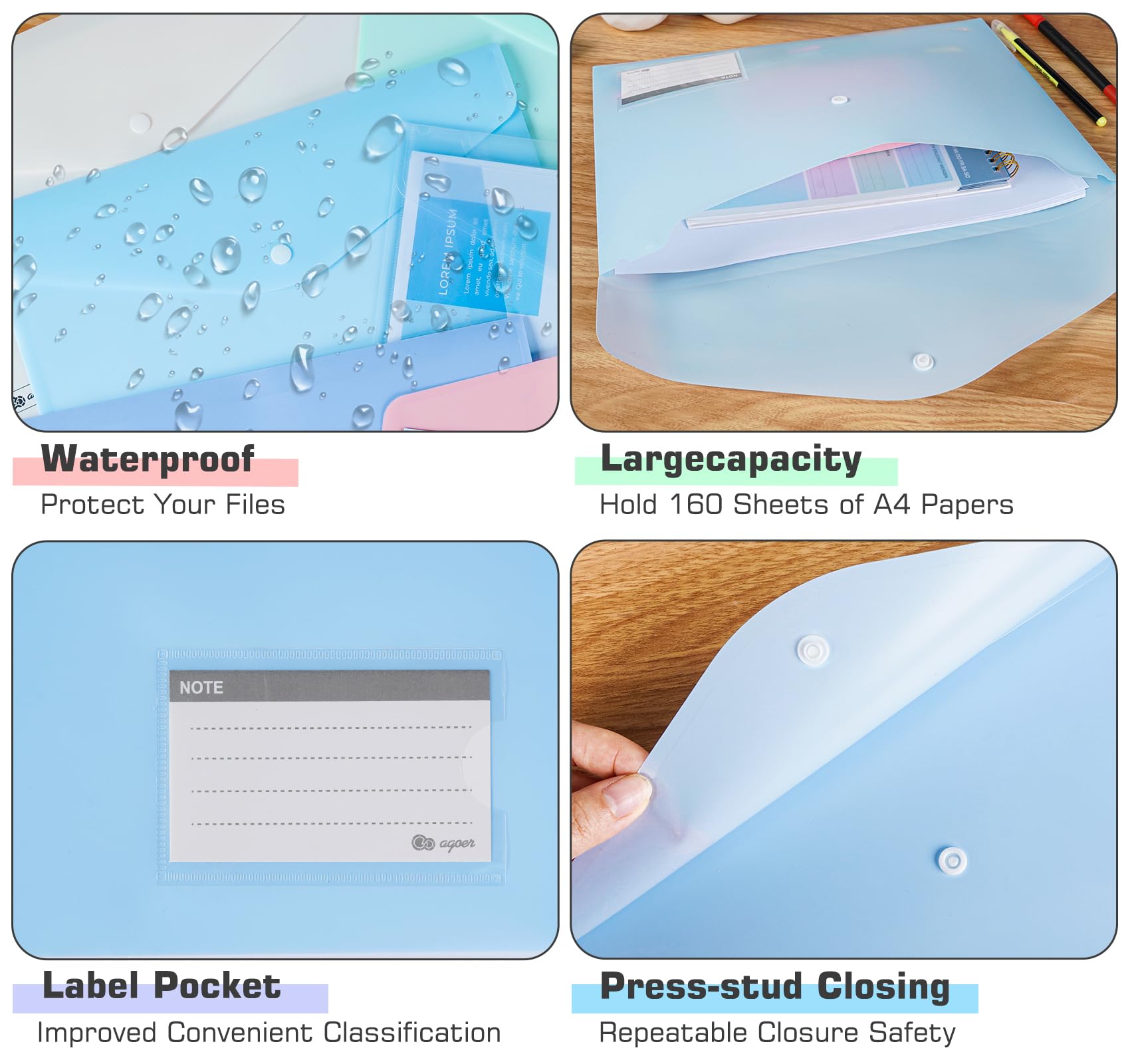 Agoer 12 Packs Plastic Wallet Folders,A4+ Widened Clear Document Envelopes Folders,6 Assorted Color Popper Wallets with Label Pocket and Snap Button for Document Stationery School Home Work Office - Image 3
