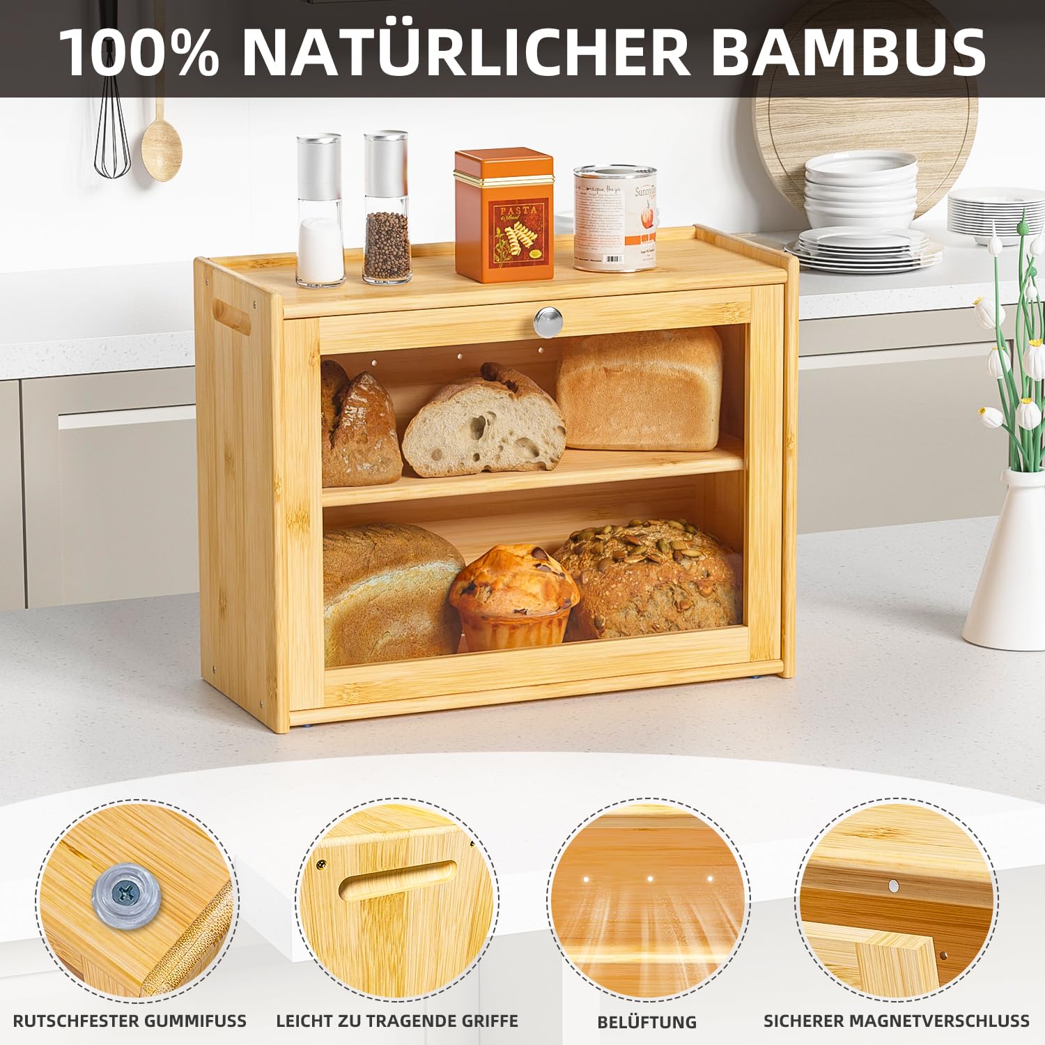 Panera de bambú con ventilación, 2 estantes y ventana grande, de madera, para pan, apto para alimentos, fácil de limpiar, 40 x 31 x 17,5 cm