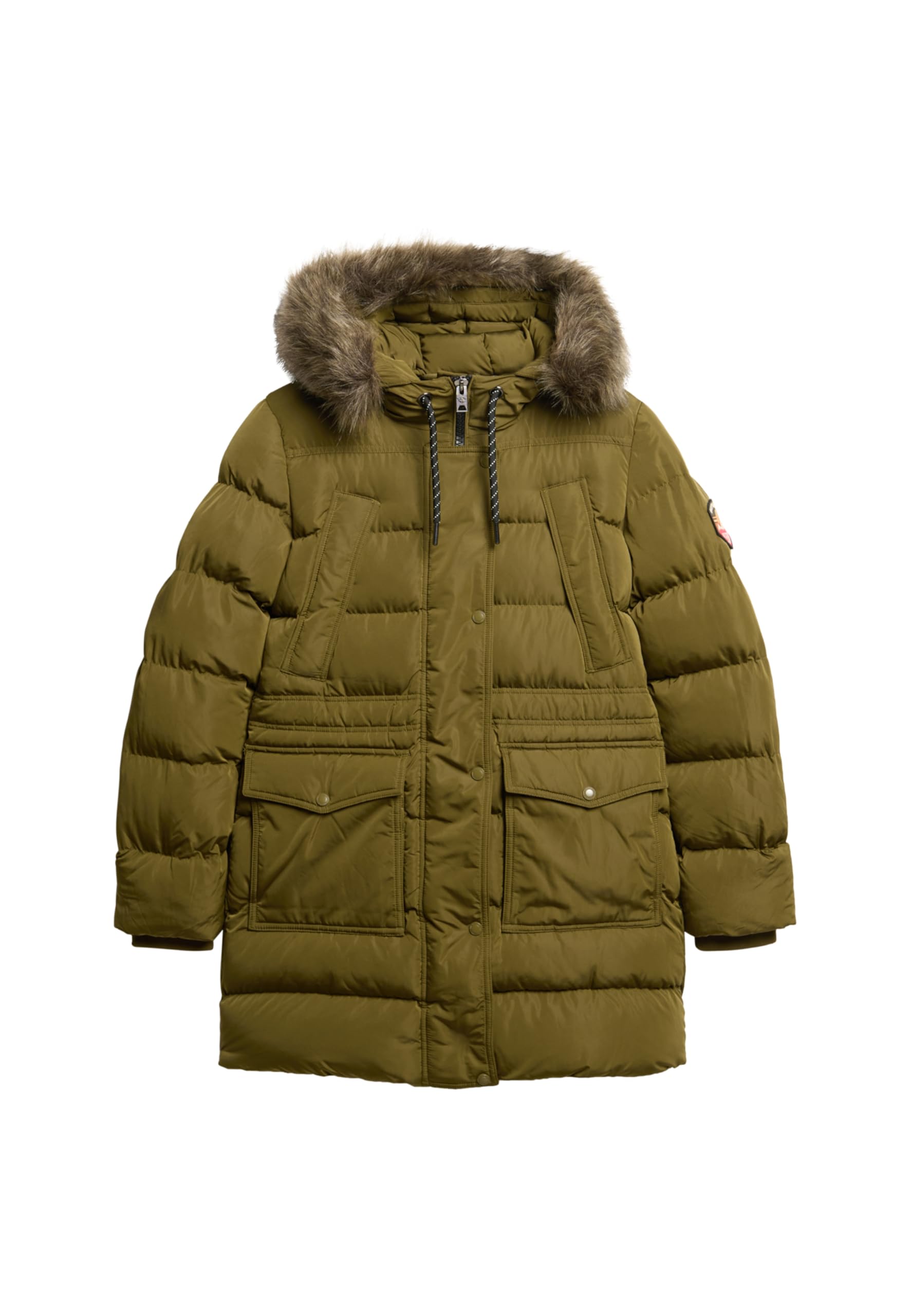 Superdry Women's Everest Mid-Length Quilted Coat with Faux Fur Trim, Dark Olive Green, 16