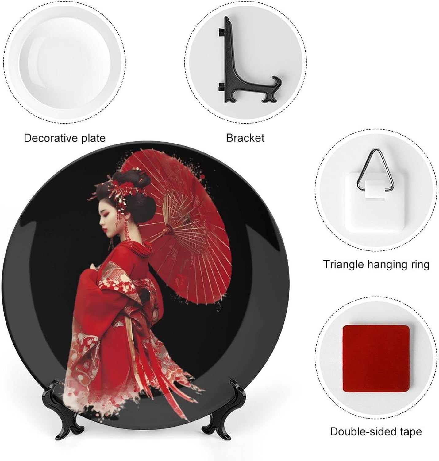 Beautiful Geisha in Kimono Printed Decorative Plate with Display Stand Handmade Ceramic Ornament Hanging Wall Decor for Foyer Home Office