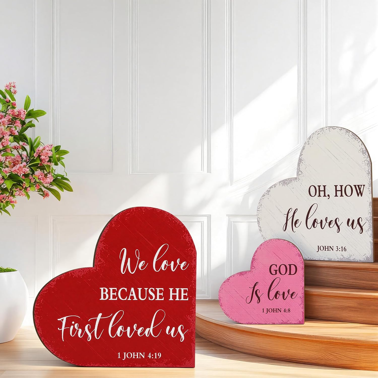 3 Pcs Christian Valentines Decorations Outdoor Large Heart Wooden Porch Signs Bible Verse Religious Decor Valentines Wood Love Ornaments for Front Door Home Farmhouse Garden Patio Wedding