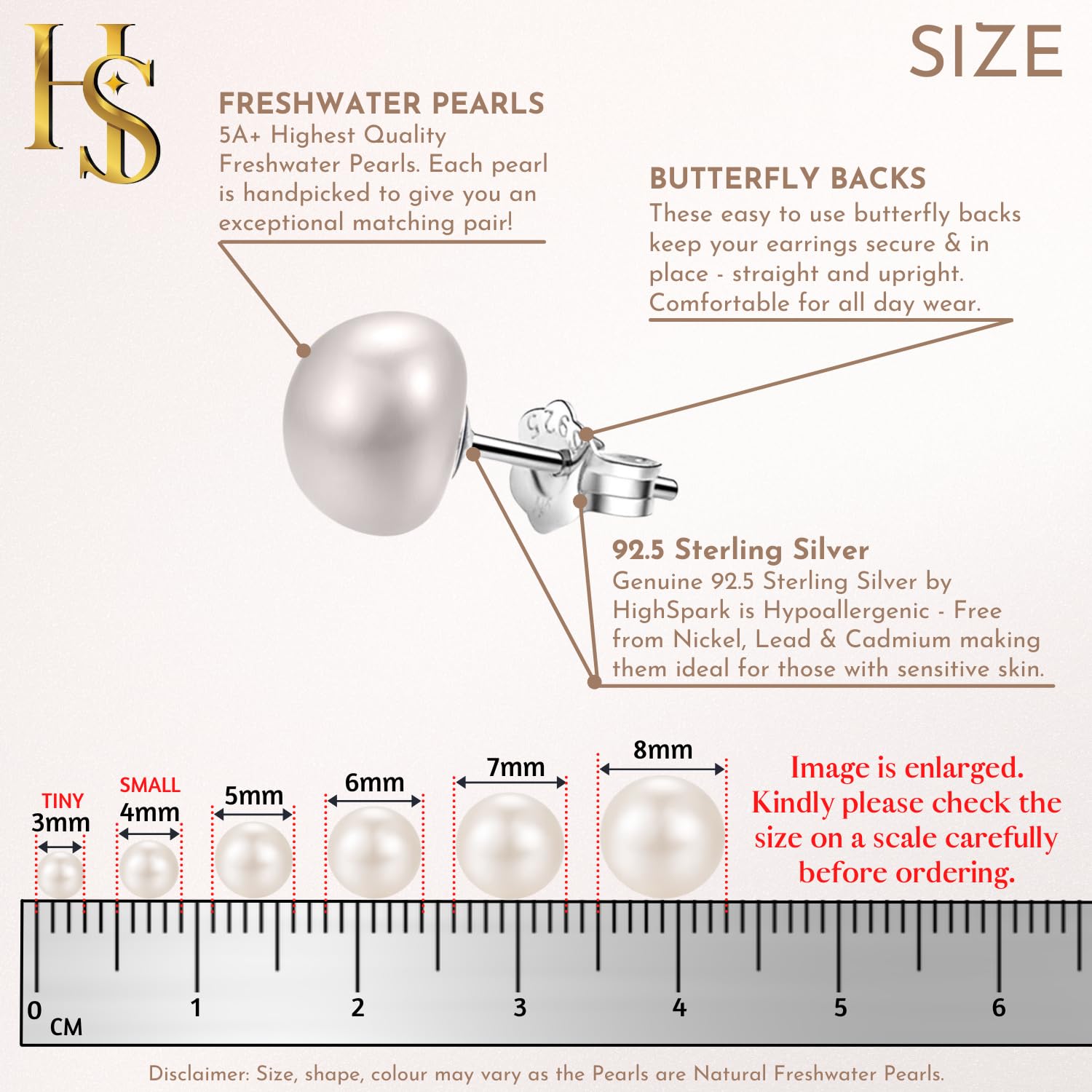 925 Sterling Freshwater Pearl Earrings 8mm Button