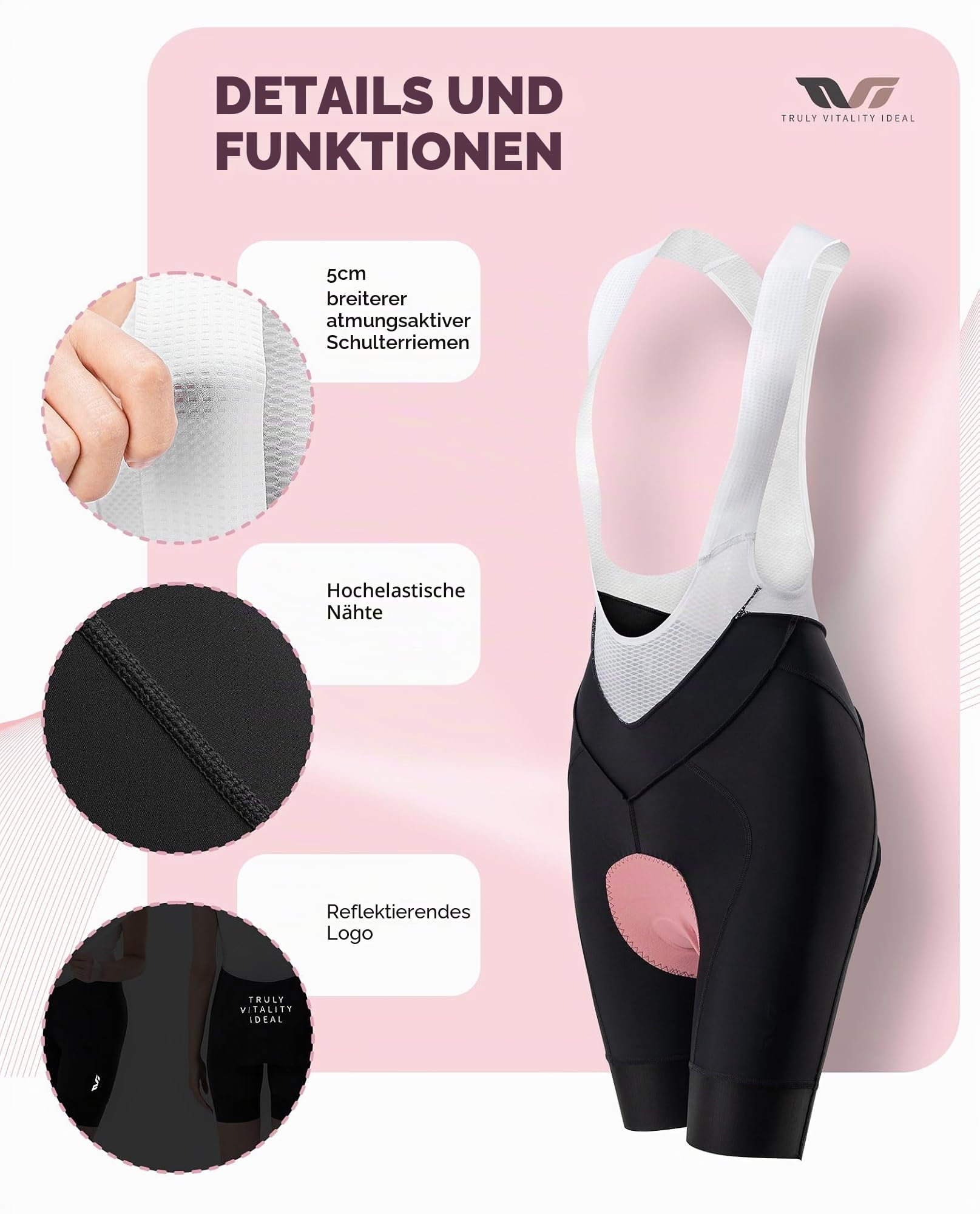 ROCKBROS TVI Fahrradhose Träger-Radhose Damen Gepolstert mit V-Taille und Shaping-Effekt Kurz Sommer Atmungsaktiv Elastisch Schnelltrocknend Shorts für Radfahren Rennrad