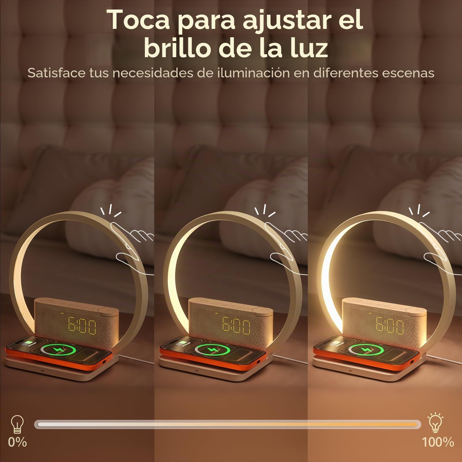 Vivilumens Sunrise - Despertador con cargador inalámbrico, máquina de sonido de ruido blanco con 10 sonidos, despertador con temporizador de 30/60/90 minutos, luz nocturna táctil de 3 niveles, relojes