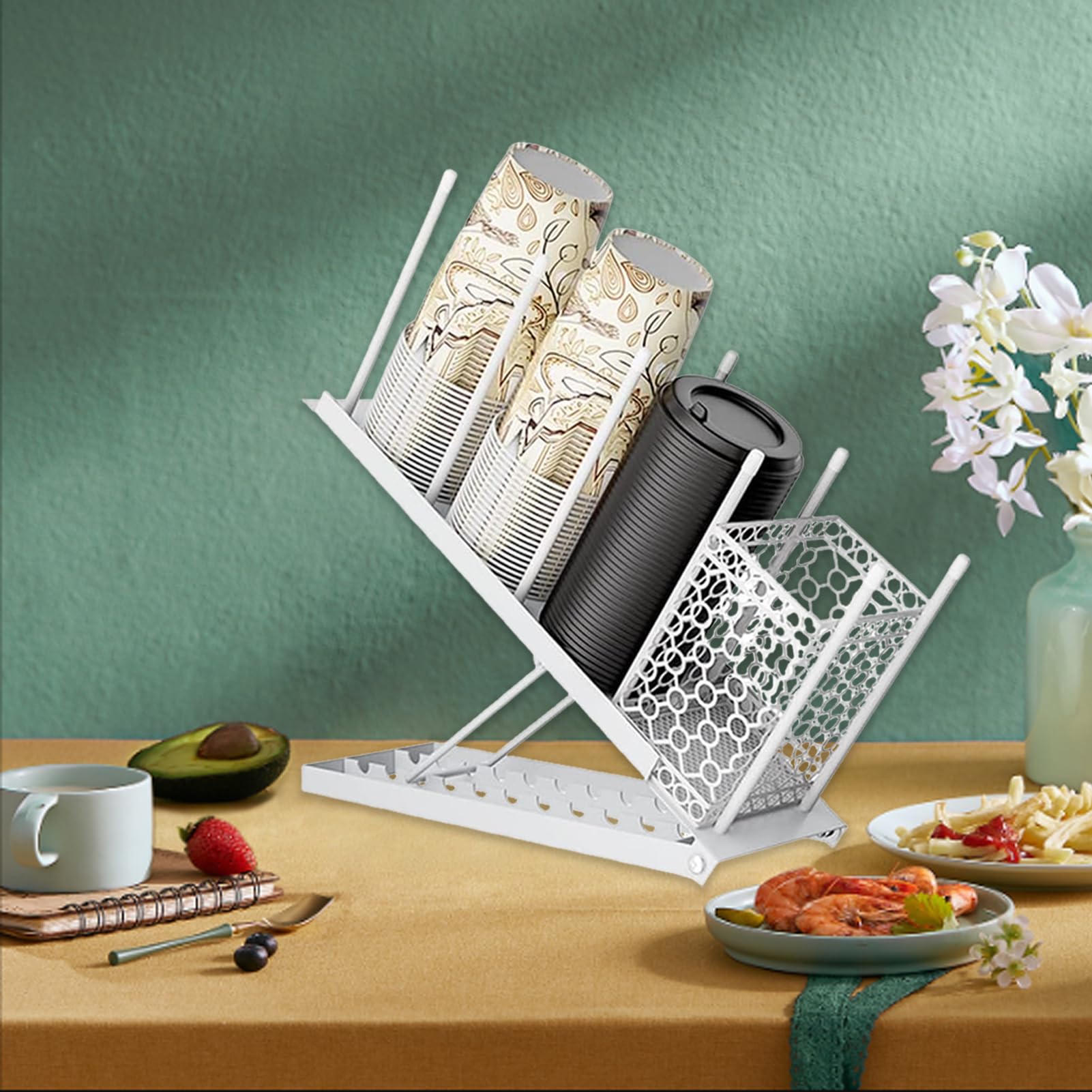 Tefola Soporte para tazas y tapa, dispensador de tazas de café desechables, soporte de almacenamiento para estación de café, bar, encimera de sala de descanso de metal (blanco)