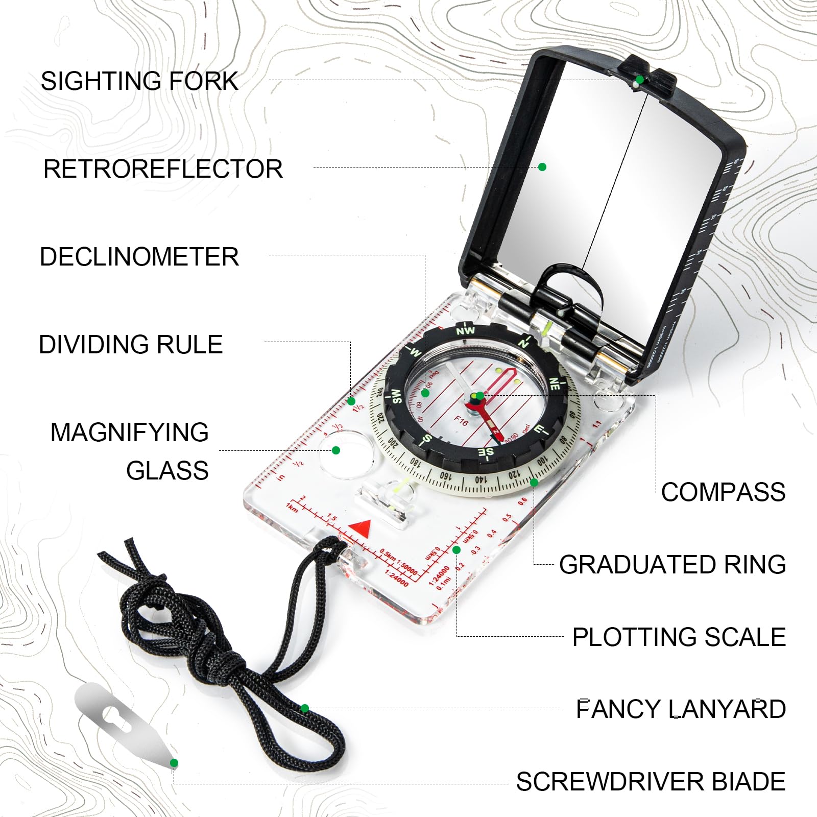 Nihtdoy High-Precision Compass with Mirror for Hiking, Camping, Adjustable Declination, Portable Orienteering Compass with Map Scale & Lanyard, Perfect for Outdoor Navigation and Adventure