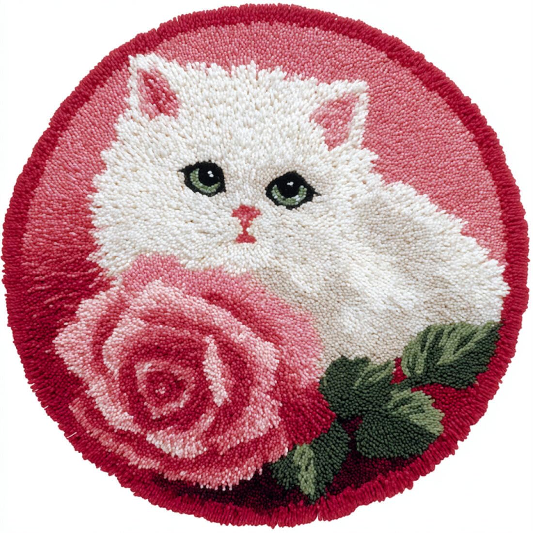Rqwybcaxn DIY Latch Hook Rug Kit for Beginners Animal Crochet Starter Kit cat and Roses 60x60cm Round Tapestry with Crochet Hook Bedroom Craft Gift
