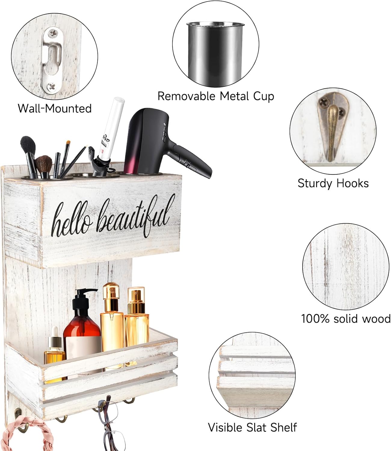 Wooden Hair Dryer Holder Wall-Mounted - 2 Tier Bathroom Storage Shelf Cosmetic & Hairdressing Tools Organizer for Bathroom Countertop/Vanity (White)