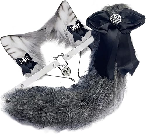 VIGVAN Animal Cosplay Orejas de lobo y cola de zorro Orejas de gato Cola mapache Cosplay Cola (ETC Gris Negro)