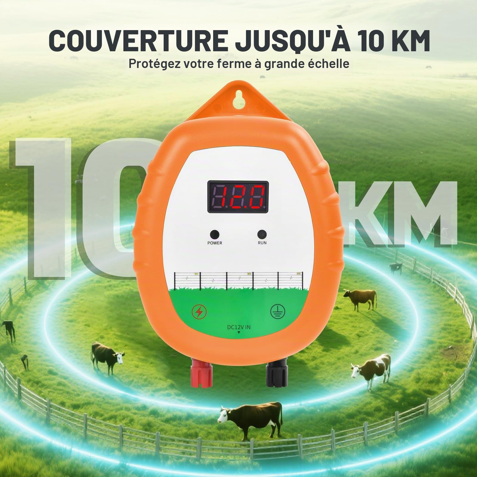 Cloture Electrique de 10 km Clôture électrique Kit : 1 électrificateurs + 1 fil canducteurs 200 m 2,2 mm² + 1 étui étanche - Clôture électrique pour bétail, chevaux, bergers (Orange)