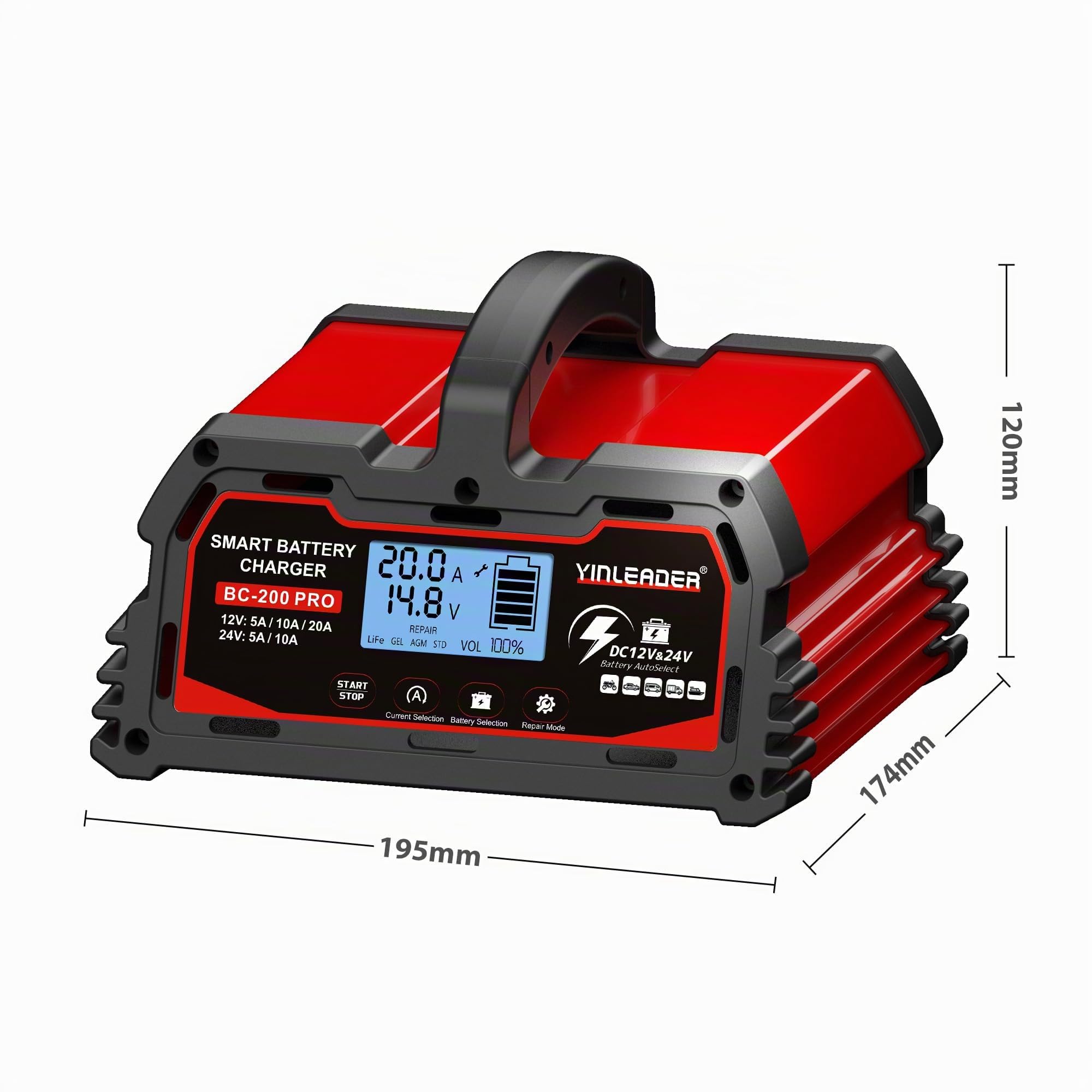 Autobatterie Ladegerät 20A 12V/24V Batterieladegerät Auto Intelligentes Erhaltungsladegerät mit LCD-Bildschirm, Ladegeräte für Autobatterien und Motorradbatterie