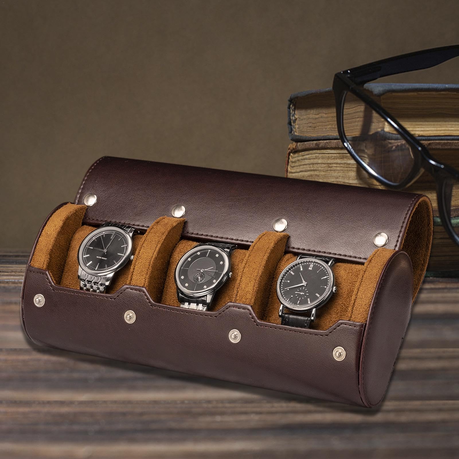 腕時計ロール 3スロット PUレザー ポータブル 腕時計ケース ブラウン