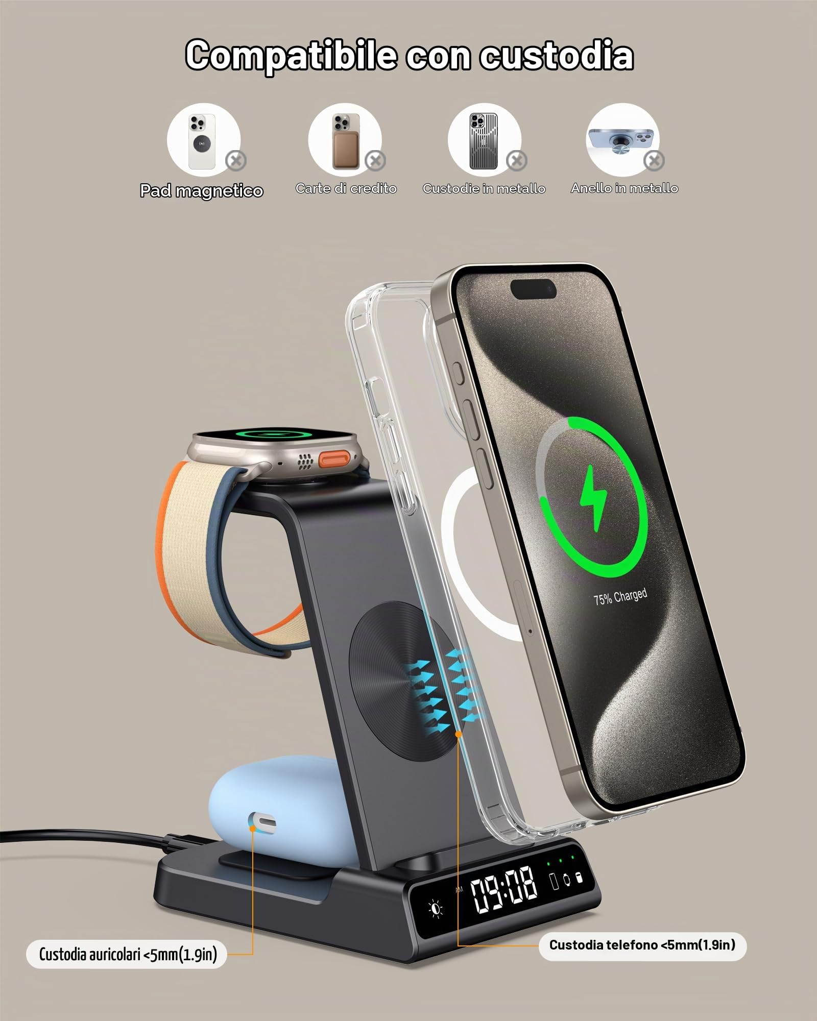 Caricatore Wireless per iPhone Air/17/16/15/14/13/12, 3 in 1 Stazione Ricarica compatibile con Apple Watch 10/Ultra 2/9/8/7/6/5/4, Air Pods 4 (Senza Adattatore)