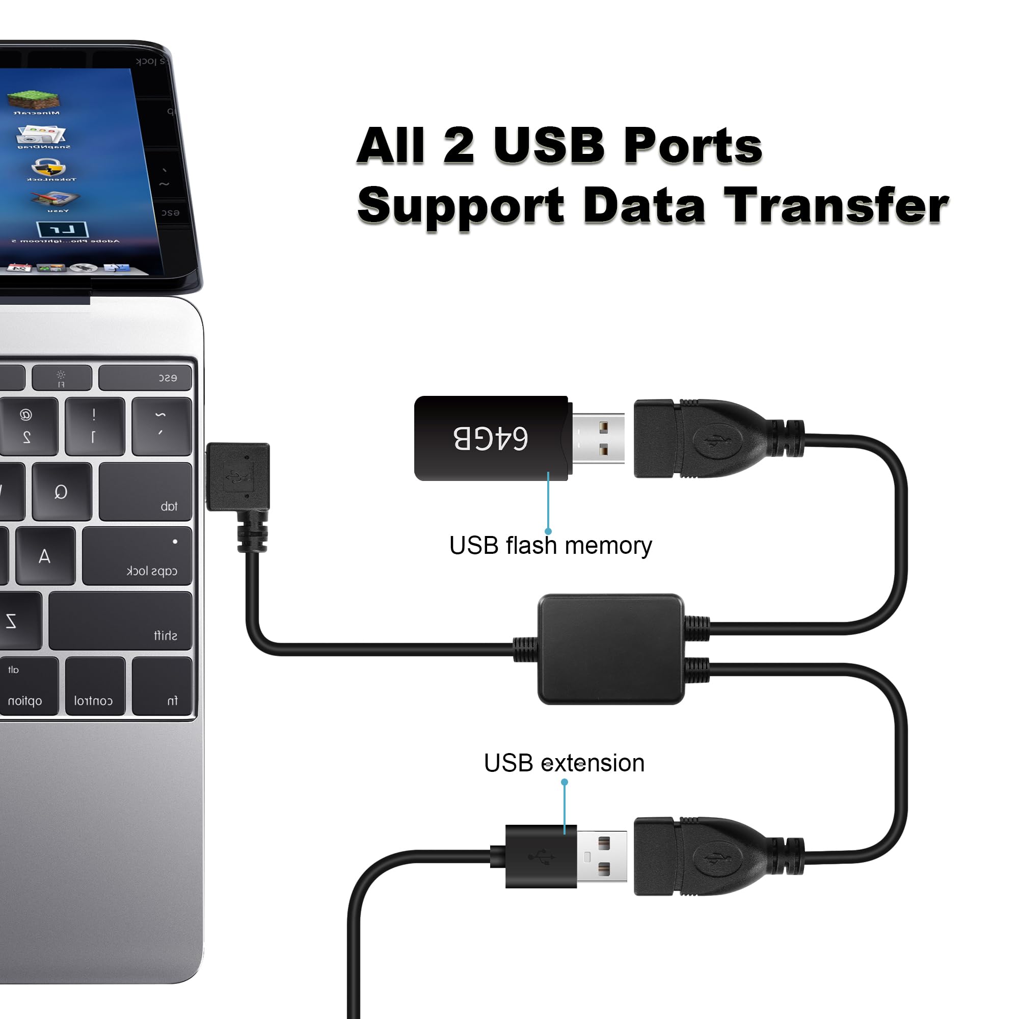 GINTOOYUN USB A 2.0 Y Splitter Extension Cable,90 Degree Angle Male to Dual Female Connector Cable for Car,Laptop,PC,Mobile Telephone,Printer/U-Disk etc 3.28FT(Left Angle(Left Angle) - Image 4