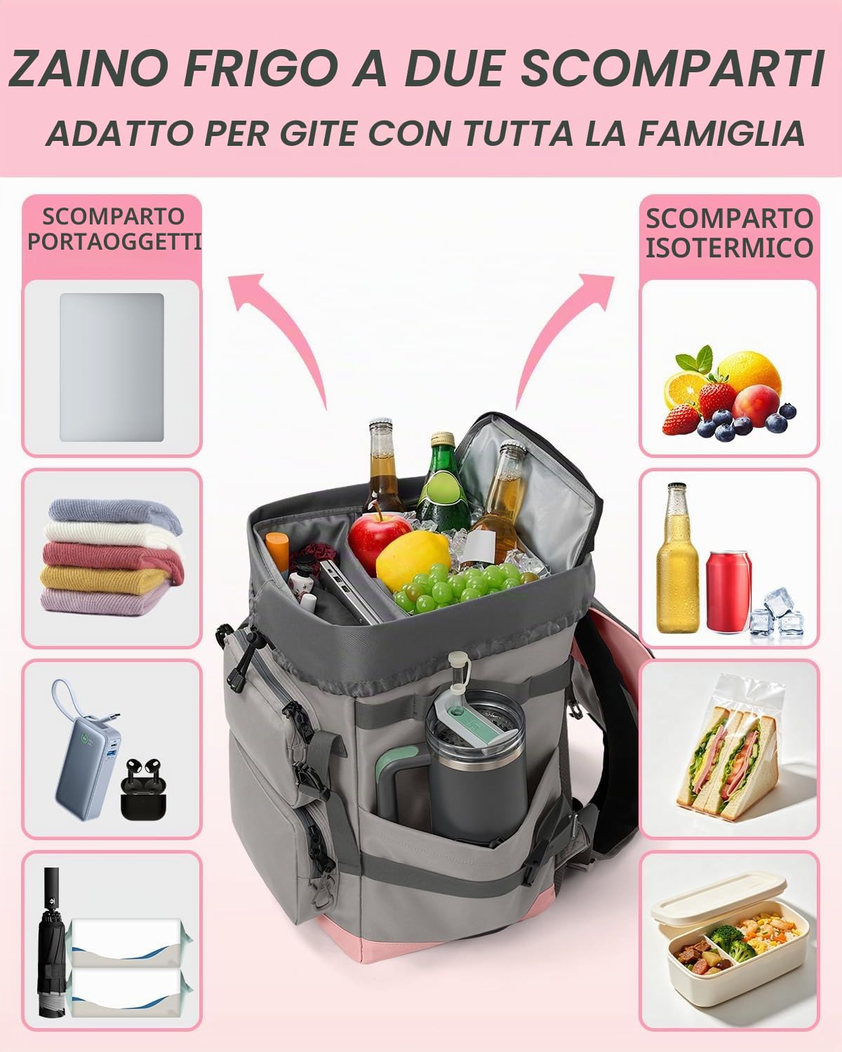 Odoland Zaino Termico 2 in 1, Zaino Termico Isolante con Scomparto Principale da 26L e Frigorifero Isolato da 9L, Borsa Frigo Portatile a Prova di Perdite per Spiaggia, Picnic, Viaggi, Famiglia