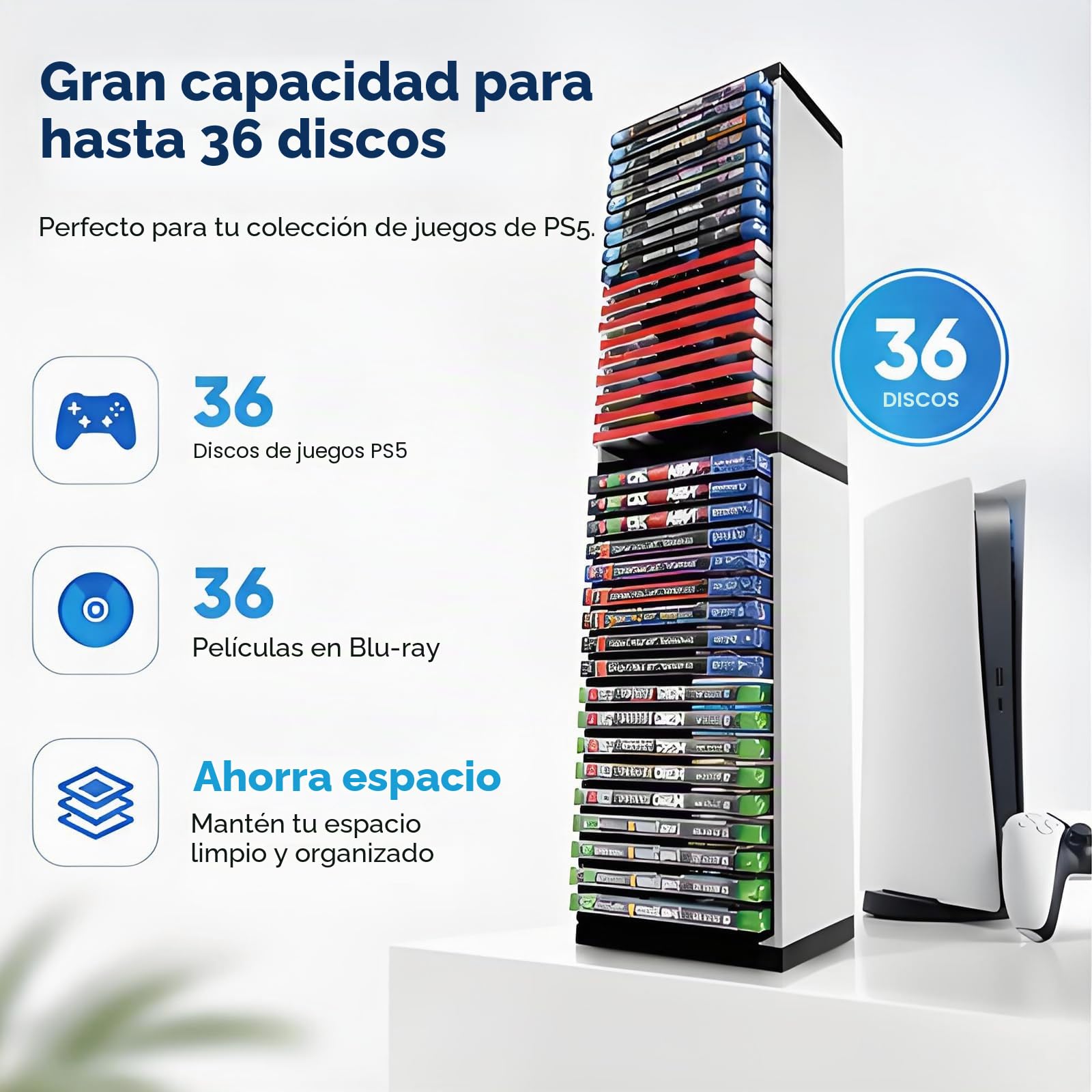 Torre de Almacenamiento para Juegos PS5 PS4 con Capacidad para 36 Discos | Soporte Vertical Organizador para Videojuegos Compatible con Consolas y Accesorios Gaming