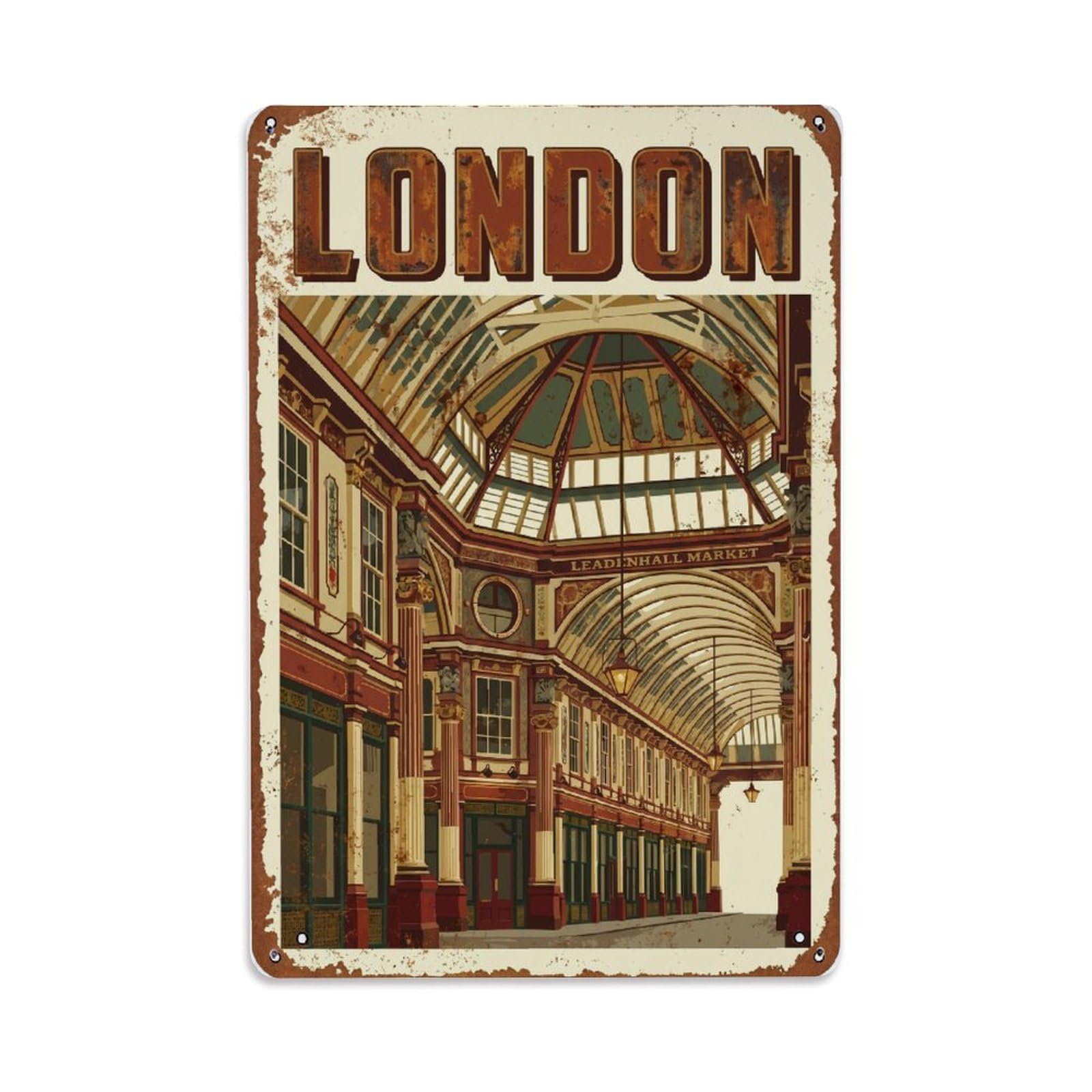 Vintage Travel London Leadenhall Market Victorian Arcade Rusted England Metal Tin Sign Plaque Wall Decor for Cafe, Club Bar, Office, Home Garden Metal Poster 8x12Inch