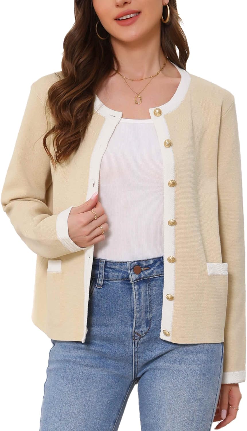 Allegra K Casual Cardigan for Women's Contrast Lightweight Long Sleeve Crew Neck Knit Sweater Jacket