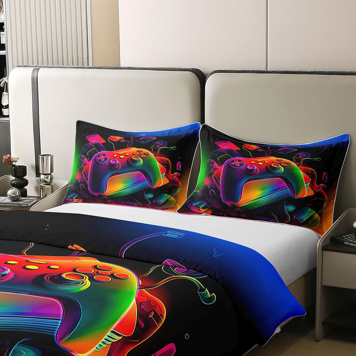 Homewish Set di biancheria da letto matrimoniale con copripiumino in cotone con console di gioco, moderno, stile astratto, vintage
