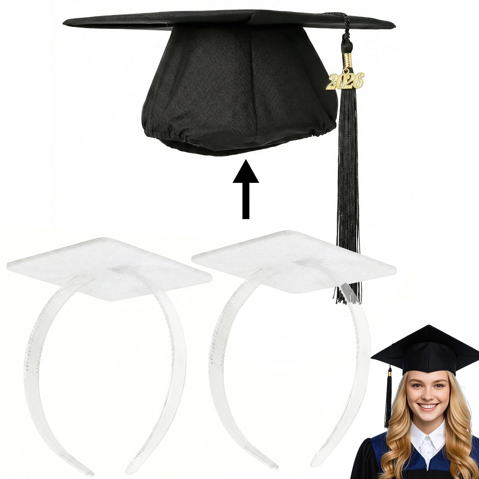 Photo 1 of OCQOTAT 2 Pack Graduation Cap Headband, Grad Cap Insert with Hook & Loop or EVA Foam Sticker, Secure Your Graduation Hat and Hairstyle, Essential Hat Accessory for Graduates,Students, Girls,Clear