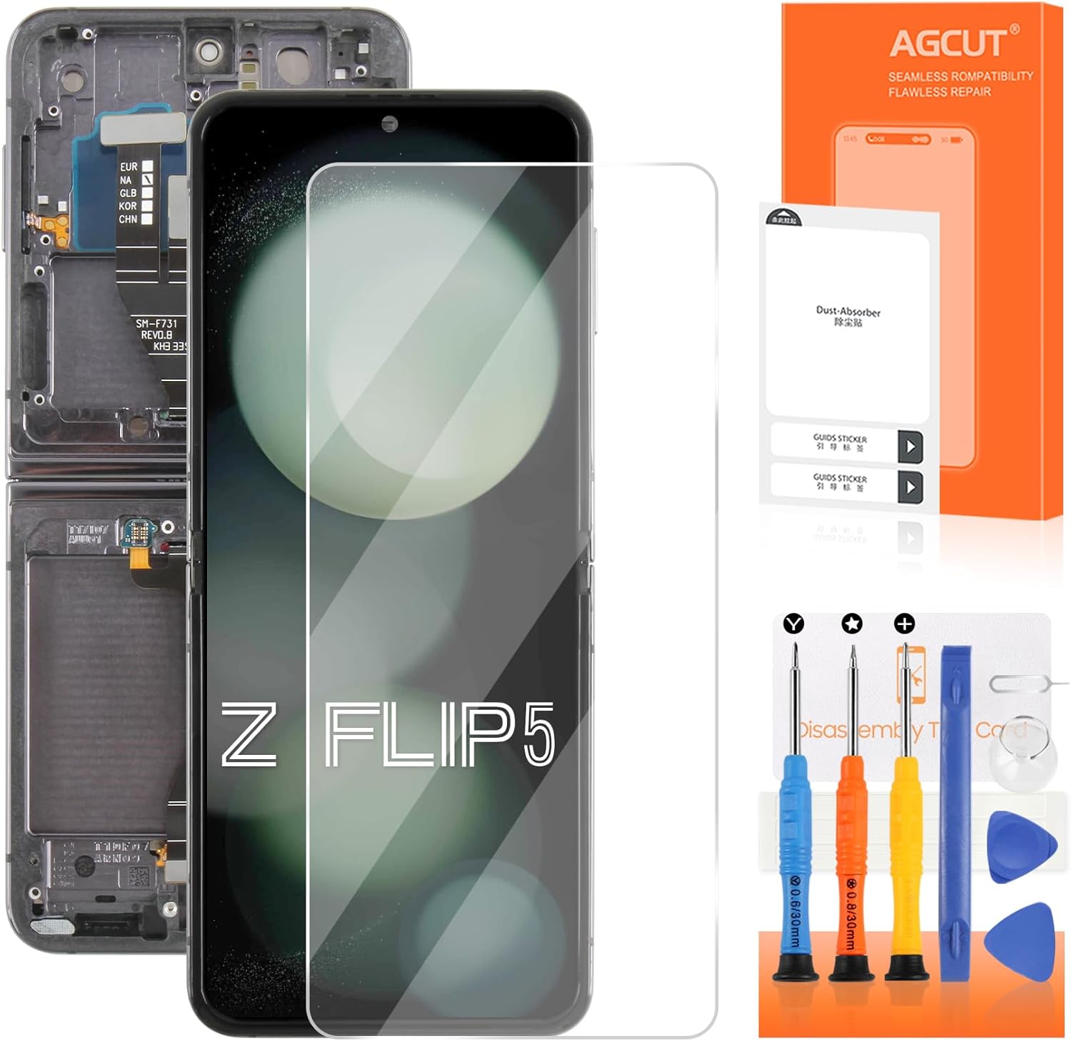 Original Inner Foldable for Samsung Galaxy Z Flip5 Screen Replacement for Samsung Z Flip 5 LCD Display SM-F731B SM-F731U LCD Digitizer Touch Screen Assembly Repair Part with Frame (Mint)