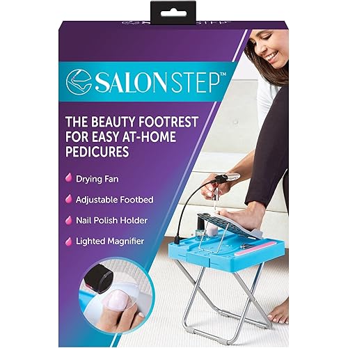 Salon Step The Beauty Footrest for Easy at-Home Pedicures, Treat Your Feet, No More Bending or Stretching with LED Magnifier, Drying Fan, Adjustable Foot Rest, Non-Slip Sturdy Legs & Built-in Storage