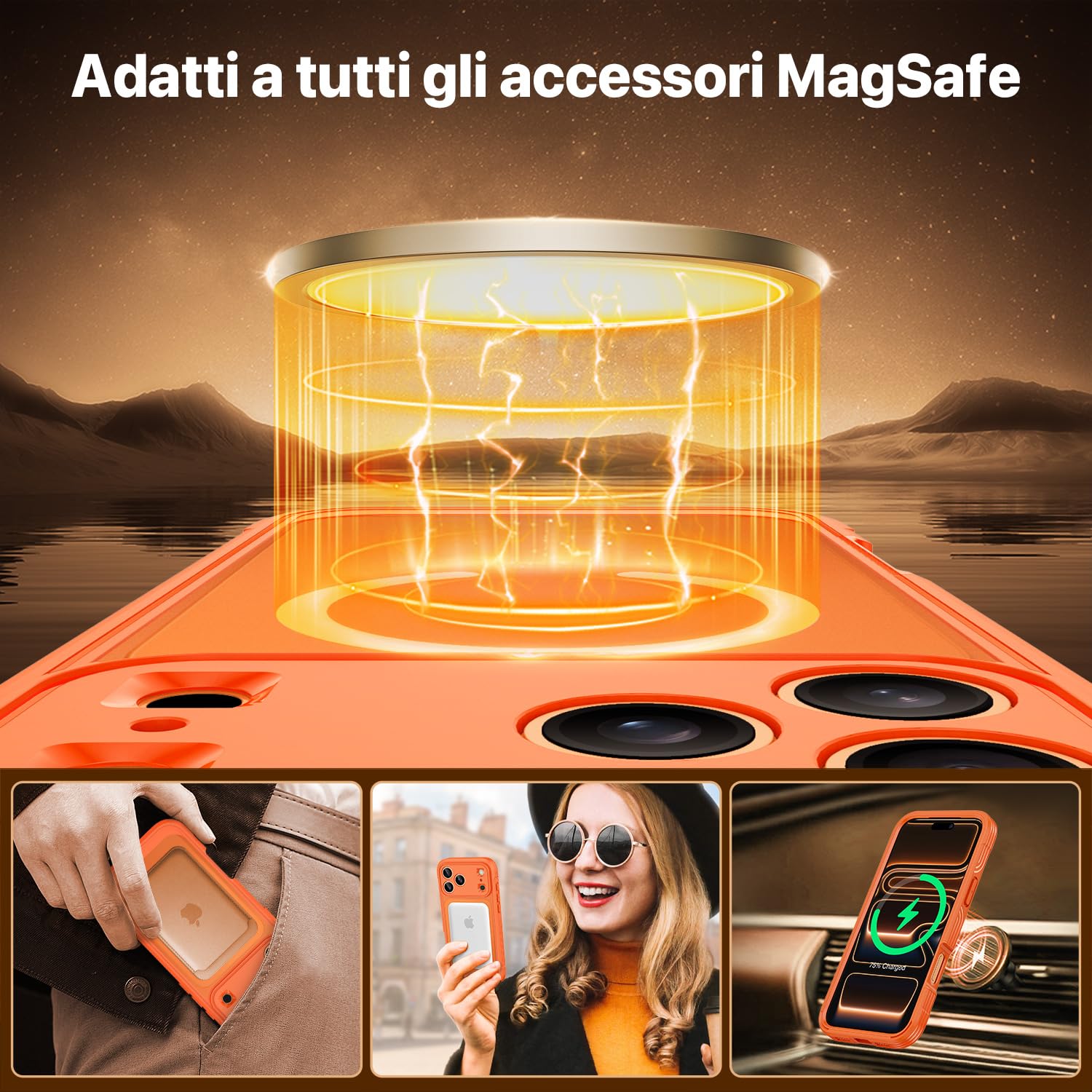 CENHUFO Magnetica Cover iPhone 17 Pro Max, Compatibile con Magsafe Integrata 9H Vetro Temperato Schermo e Protezione Fotocamera, Custodia Antiurto 360 Gradi Fronte Retro Doppia Faccia Case -Arancione