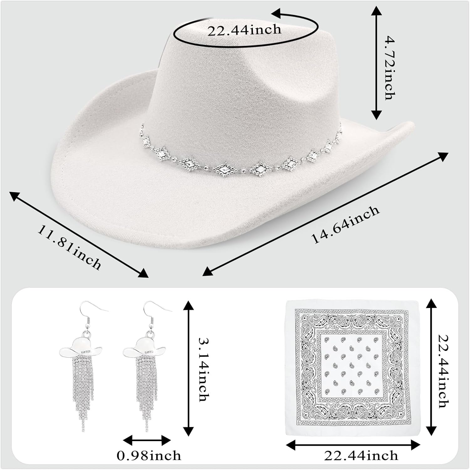 Western Cowgirl Hat for Women Men, Fedora Wide Brim Rhinestone Cowboy Hat with Bandana and Cowgirl Tassels Earrings - Image 2