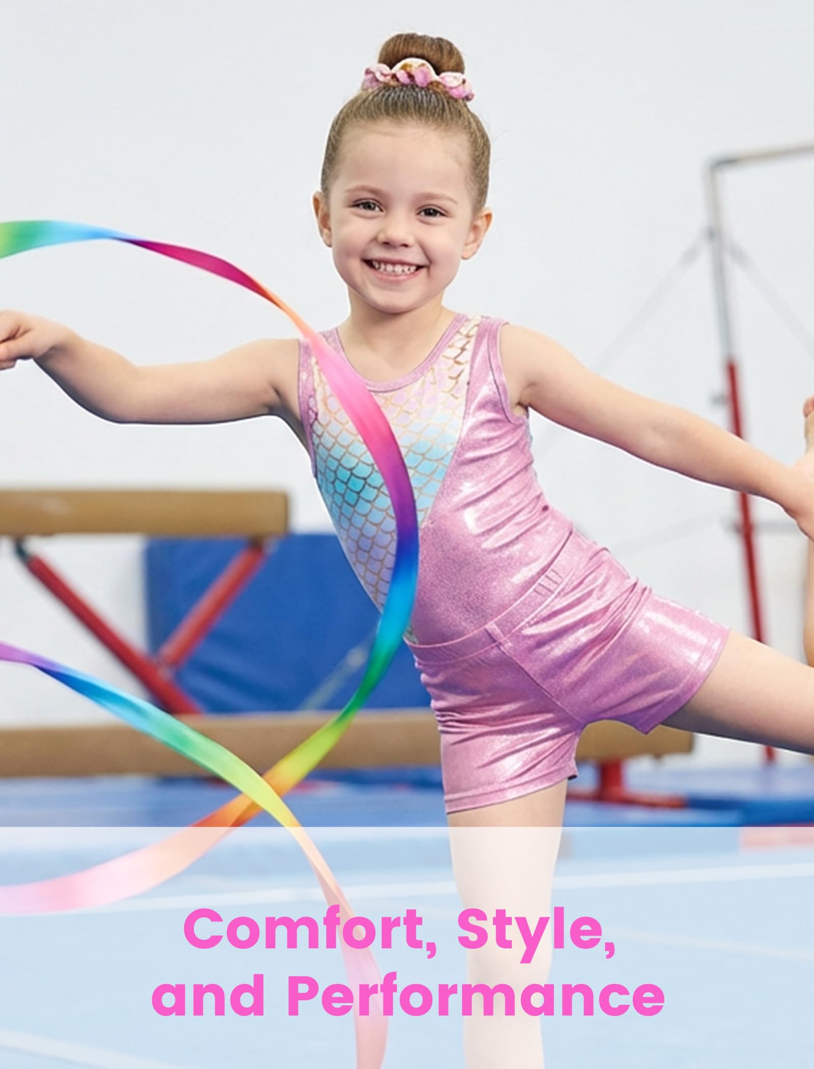 Gogokids Conjunto de gimnasia de tres piezas para niña, cuello en Y, sin mangas, con pantalones cortos y diadema, traje de gimnasia con diseño de bloques de color azul y morado, 3-12 años — view 2